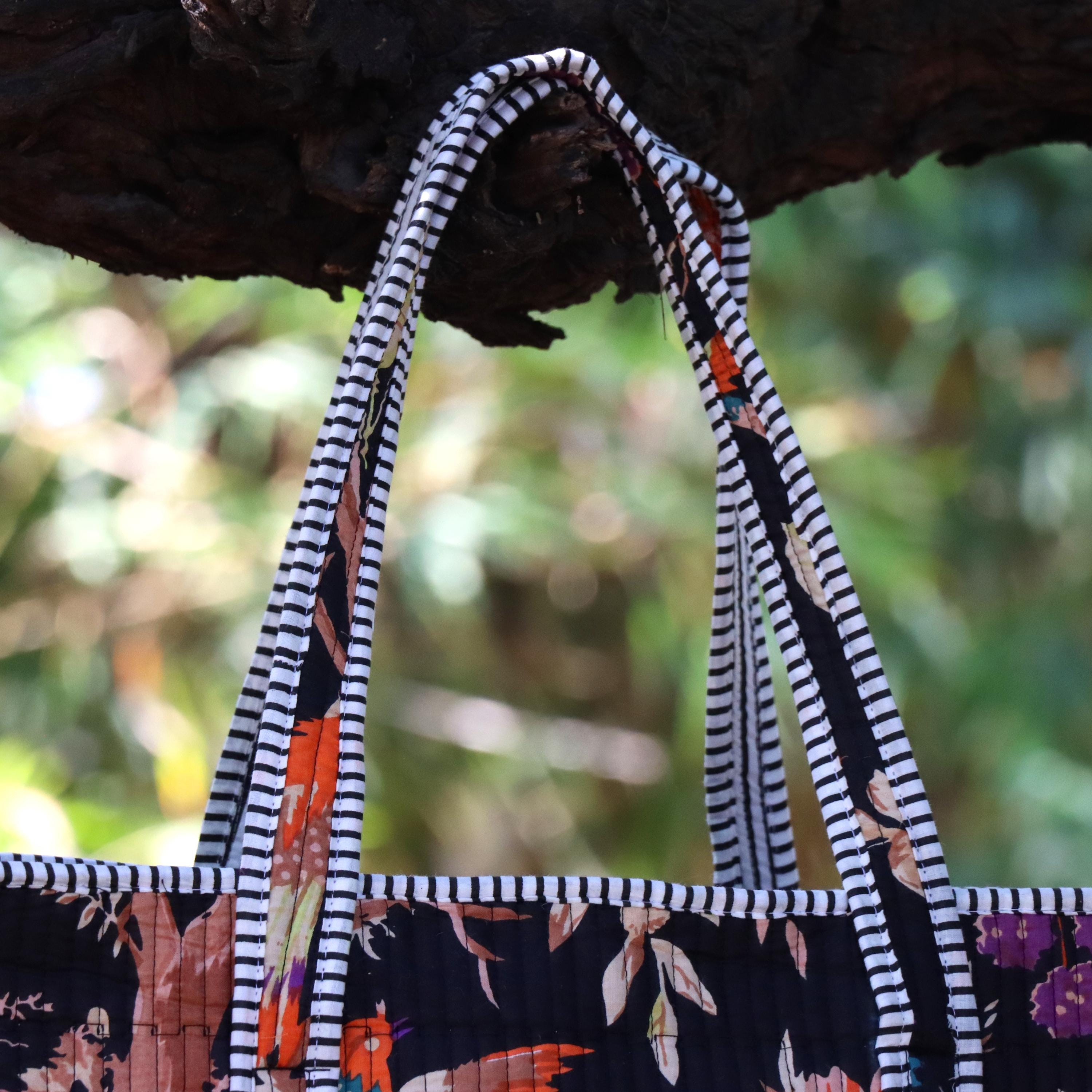 Quilted Cotton Tote Bag, Black Floral Boho Shoulder, Handmade Carryall, Reusable Shopping Bag
