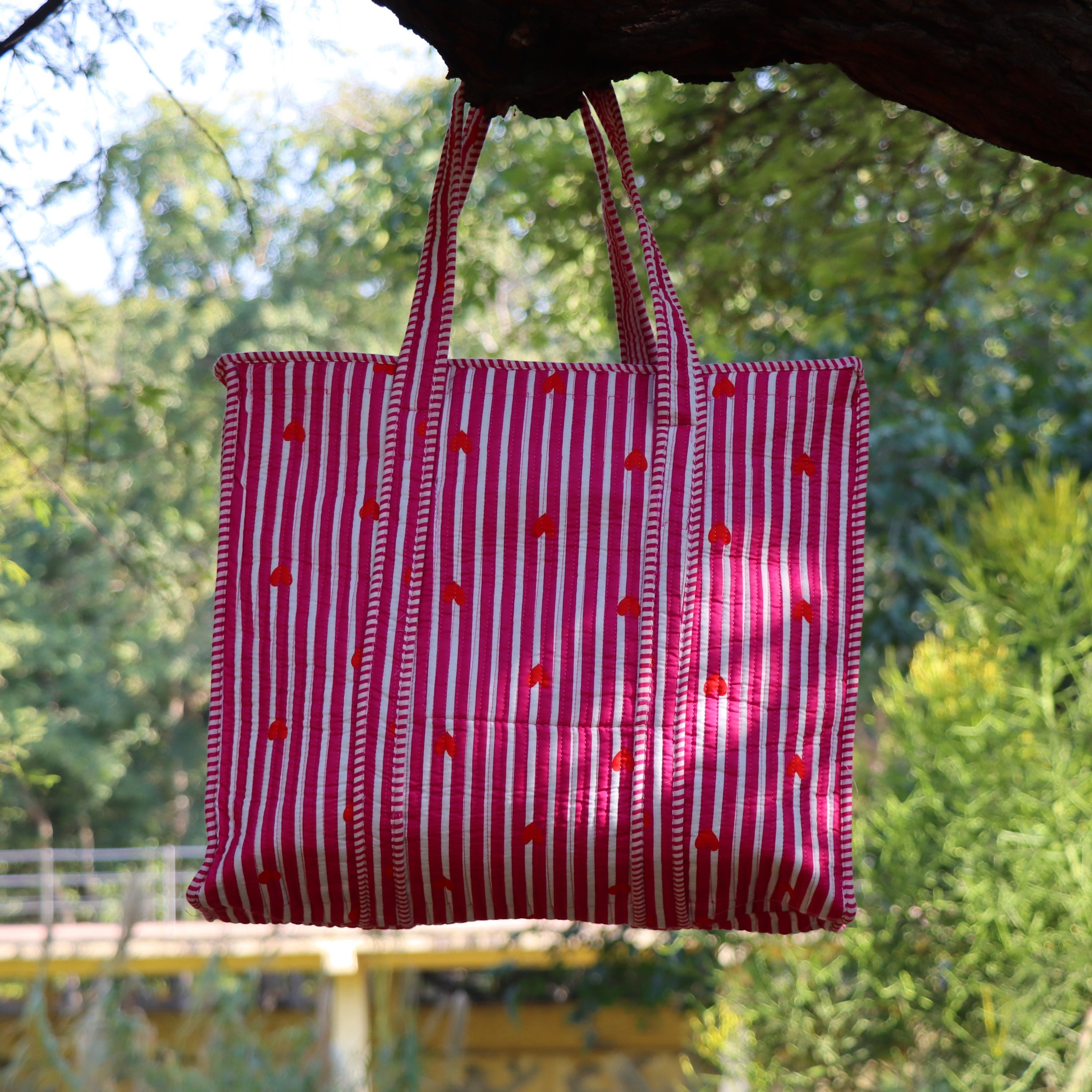 Pink Striped Heart Tote Bag, Quilted Cotton Shoulder Bag, Handmade Boho Carryall, Cute Everyday Shopping Tote, Gift for Her