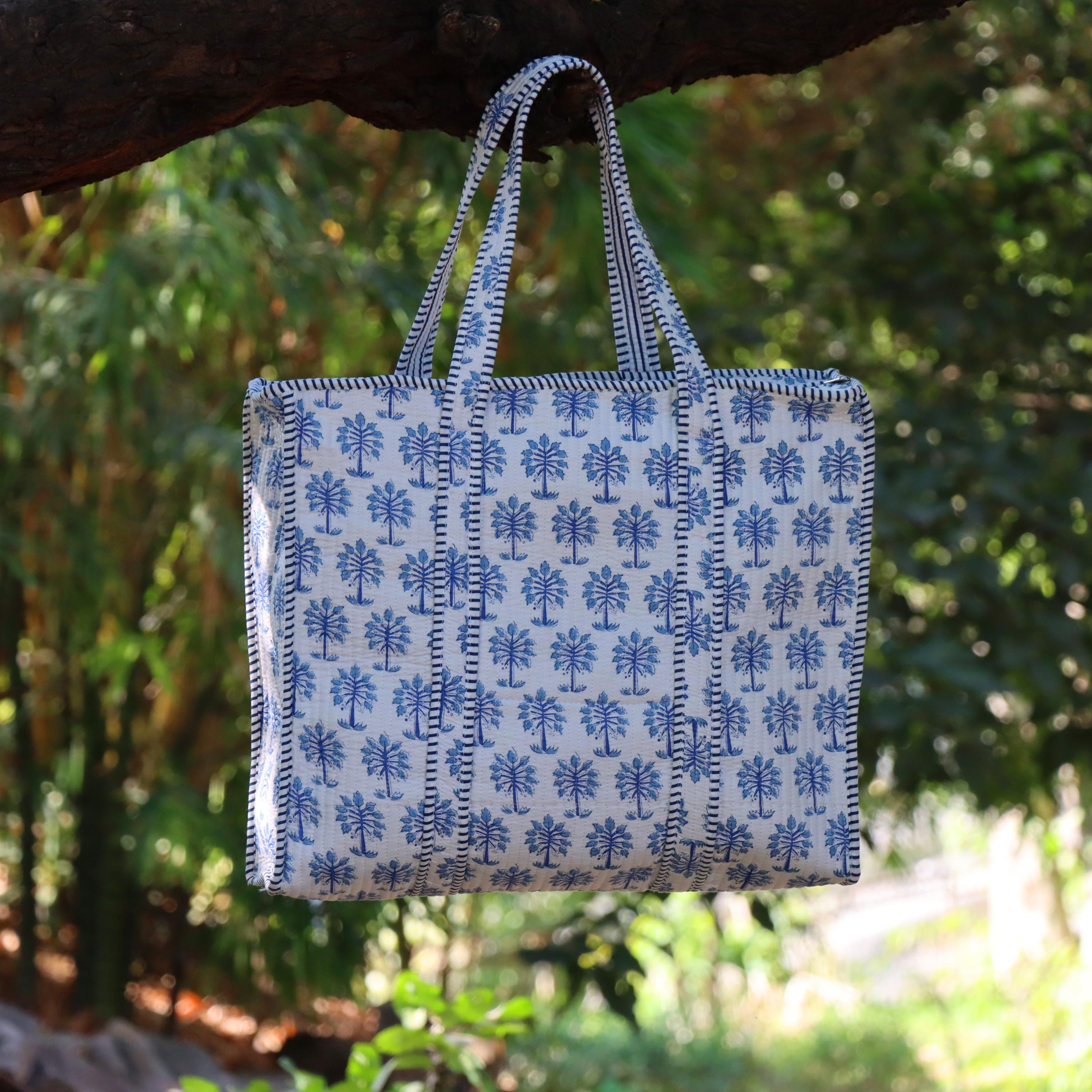 Handmade Quilted Cotton Tote Bag, Blue Block Print Shoulder Bag, Large Travel Beach Bag, Boho Shopping Bag, Reusable Eco Tote Gift for Her