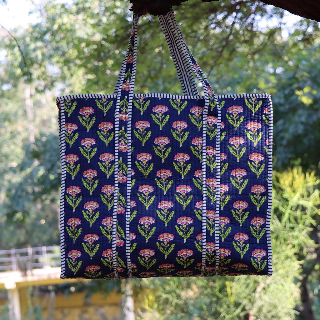 Multi Hand Block Print Cotton Tote Bag, Quilted Tote Bag, Reusable Grocery Bag, Boho Shoulder Bag, Eco Friendly Shopping Bag, Gift for Her