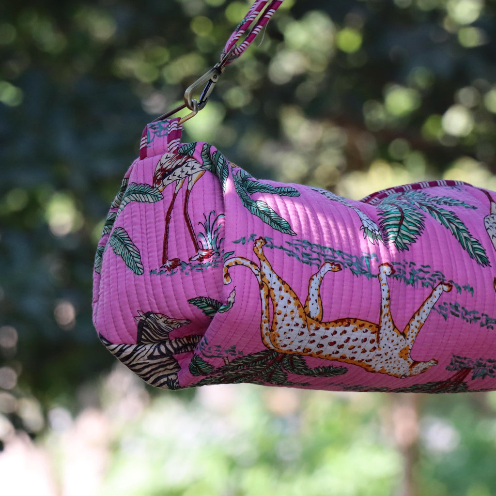 Handmade Yoga Mat Bag, Pink Safari Pattern, Adjustable Strap, Pink Jungle Yoga Mat Holder, Animal Print Gym & Pilates Bag