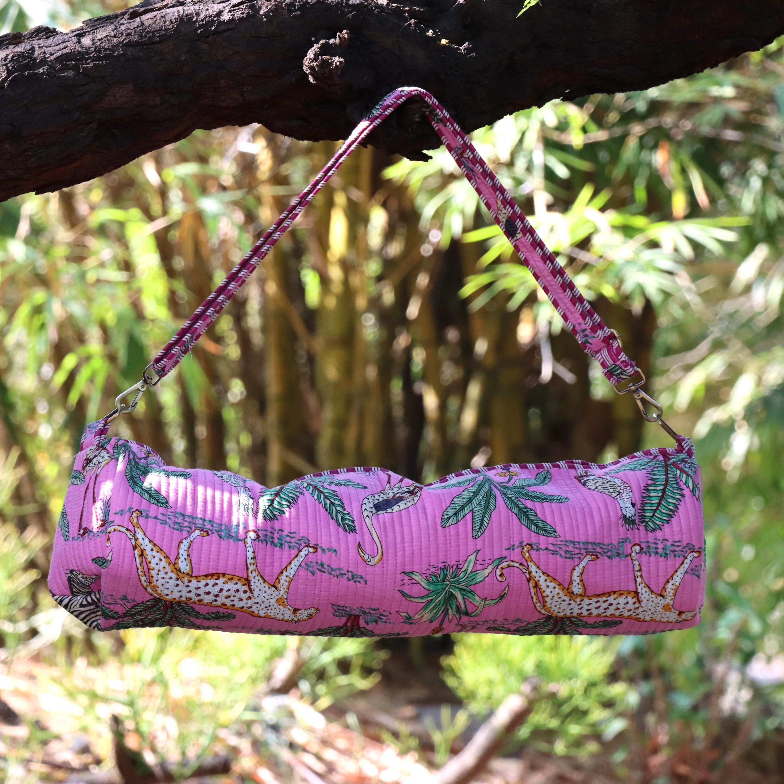 Handmade Yoga Mat Bag, Pink Safari Pattern, Adjustable Strap, Pink Jungle Yoga Mat Holder, Animal Print Gym & Pilates Bag