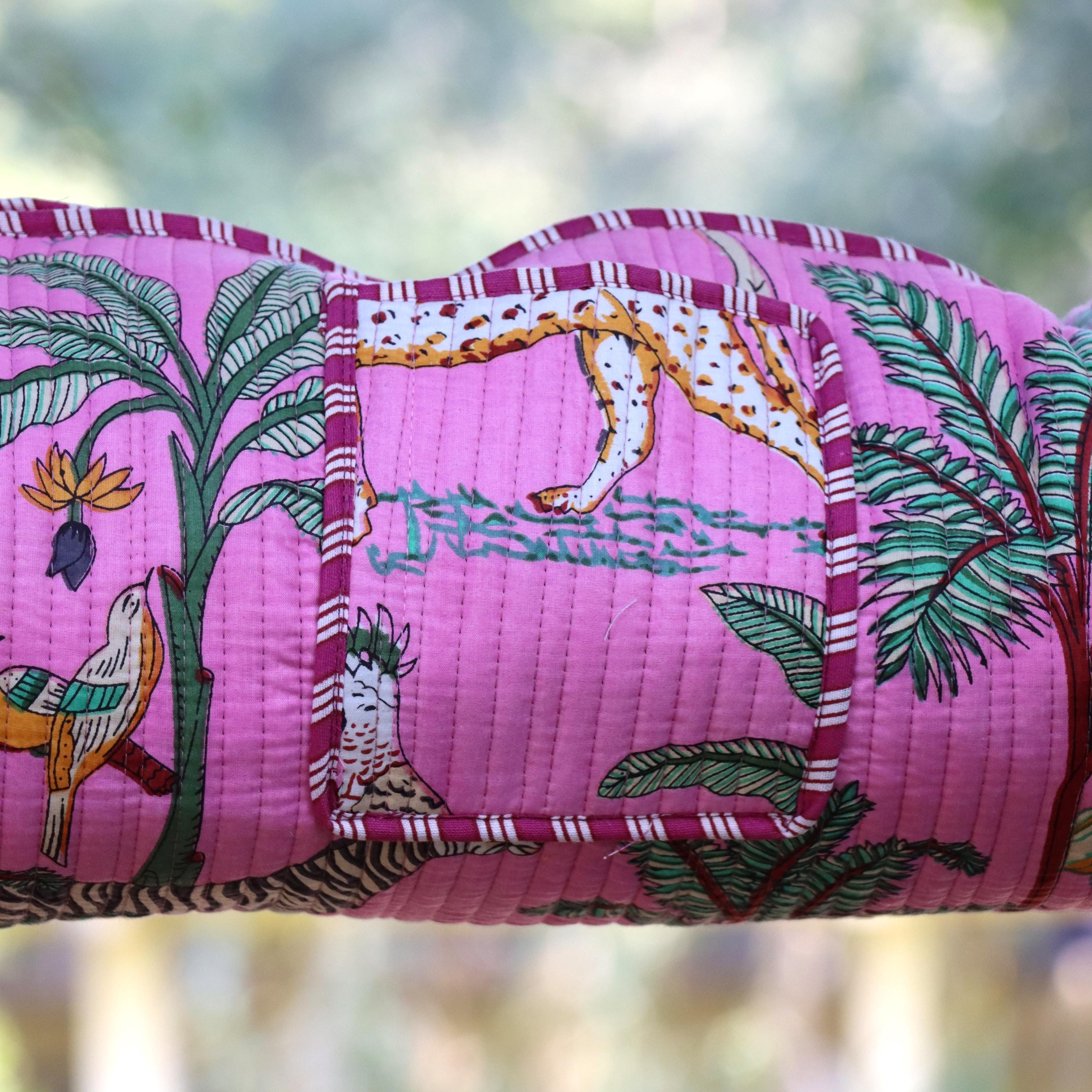 Handmade Yoga Mat Bag, Pink Safari Pattern, Adjustable Strap, Pink Jungle Yoga Mat Holder, Animal Print Gym & Pilates Bag