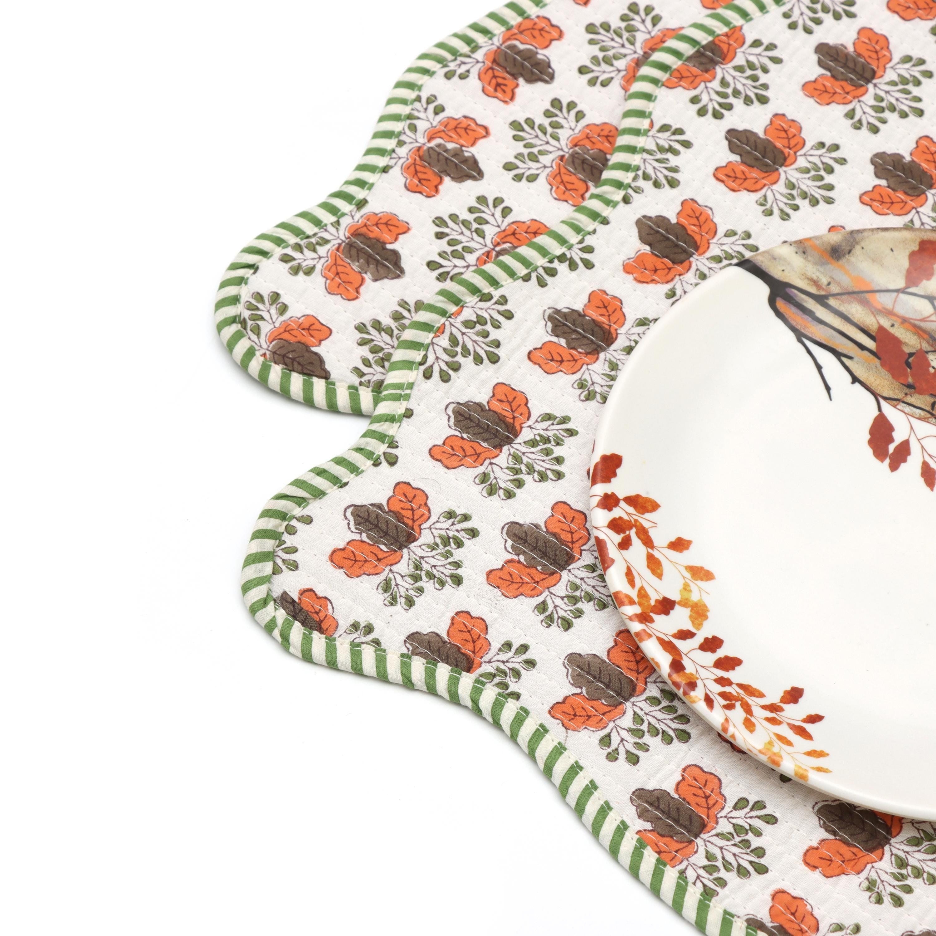 Table Mat Scalloped Handmade Quilted Placemat, Orange & Green Floral Block Print Table Mat, Cotton Placemat, Dining Table Quilted Placemats