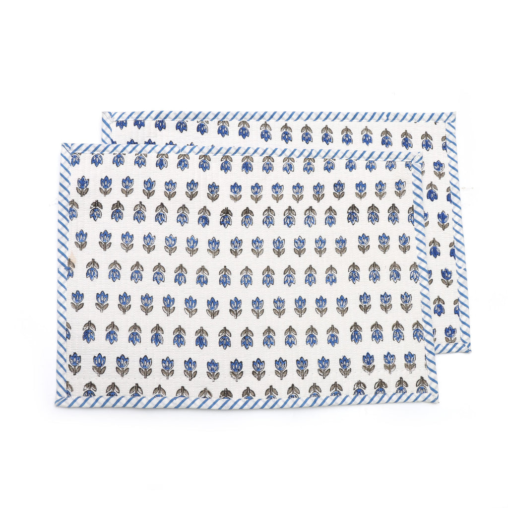 Handmade Blue Floral Hand Block Print Placemats, Quilted Cotton Table Mats, Scalloped Placemats, Kitchen & Table Decor Placemats, Gifts