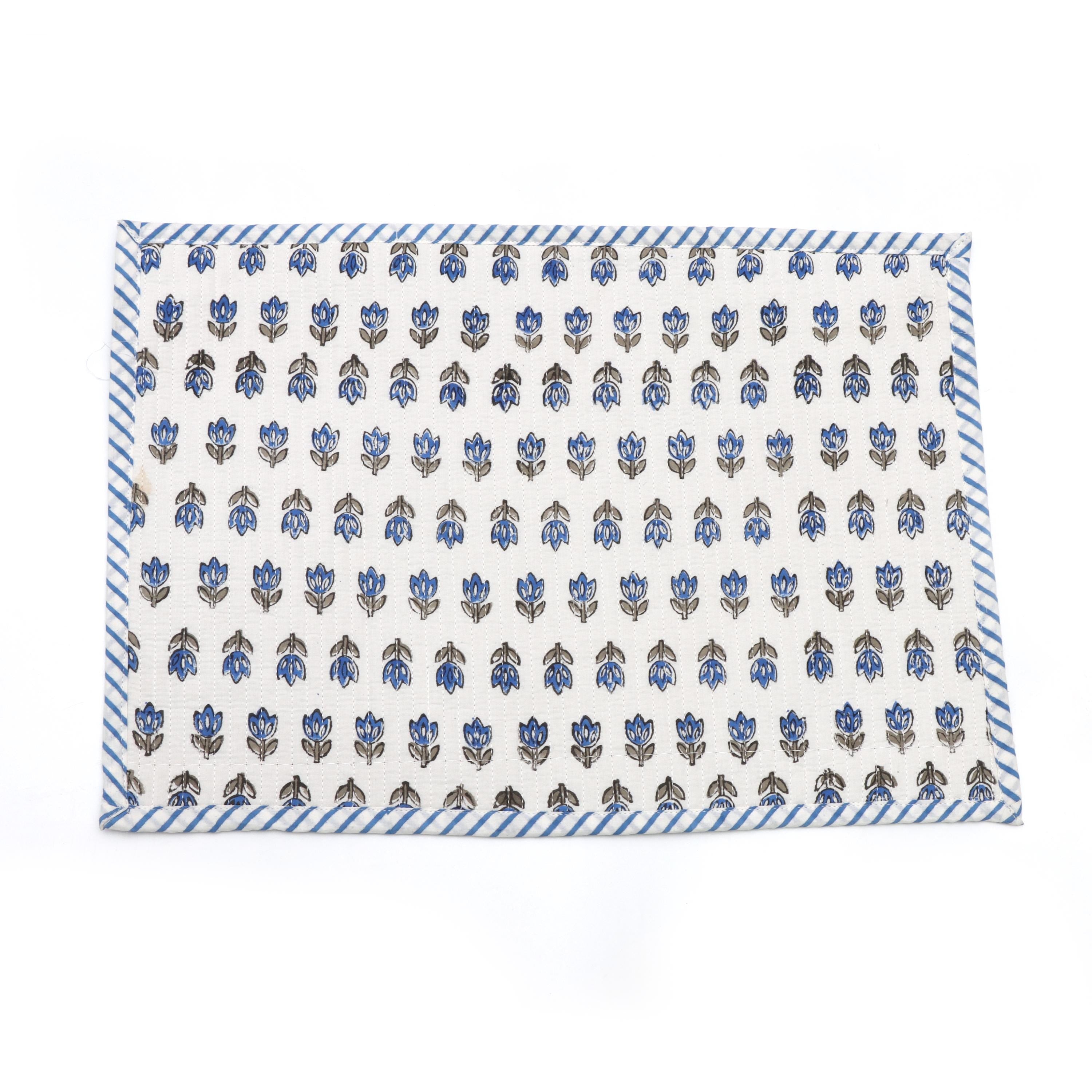 Handmade Blue Floral Hand Block Print Placemats, Quilted Cotton Table Mats, Scalloped Placemats, Kitchen & Table Decor Placemats, Gifts
