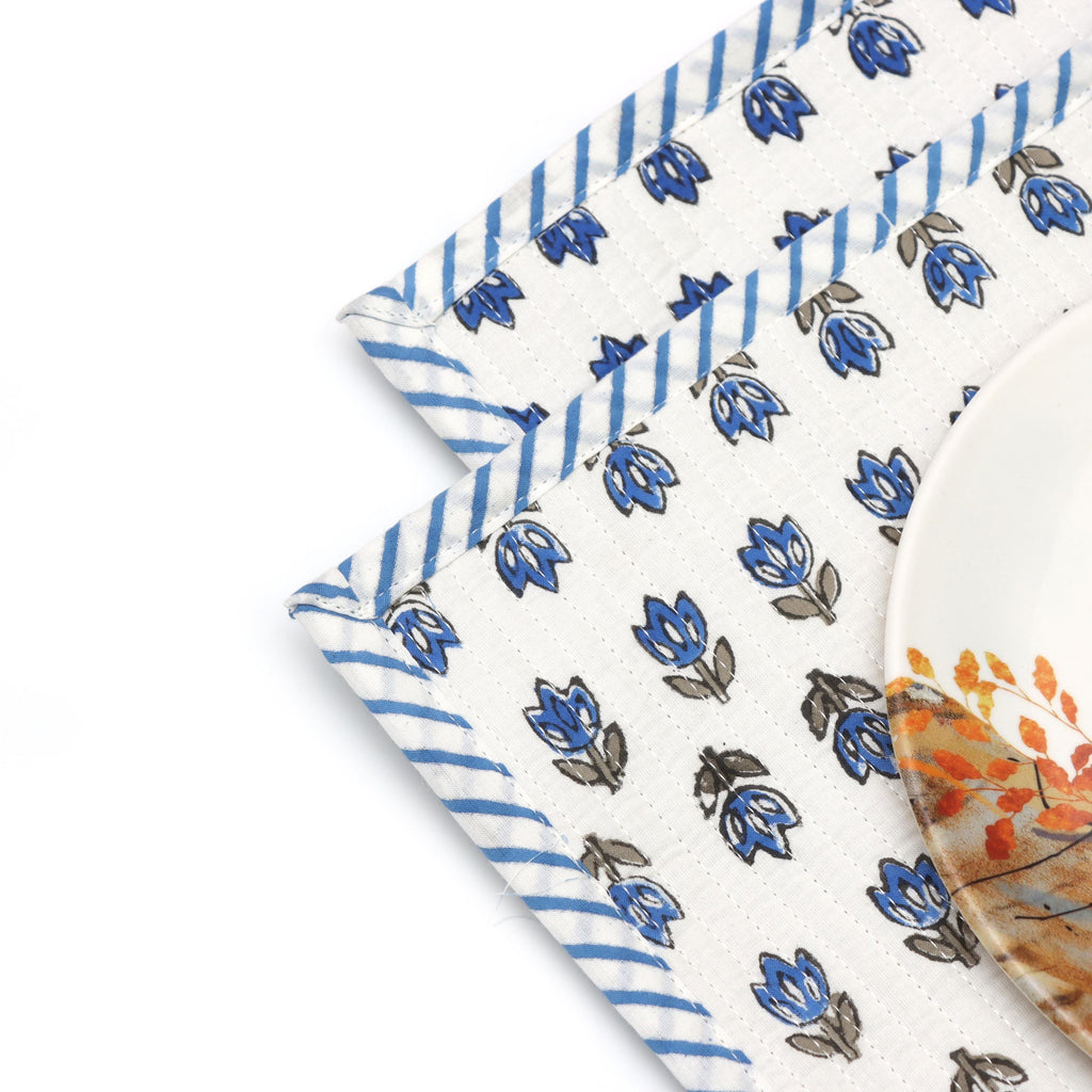Handmade Blue Floral Hand Block Print Placemats, Quilted Cotton Table Mats, Scalloped Placemats, Kitchen & Table Decor Placemats, Gifts