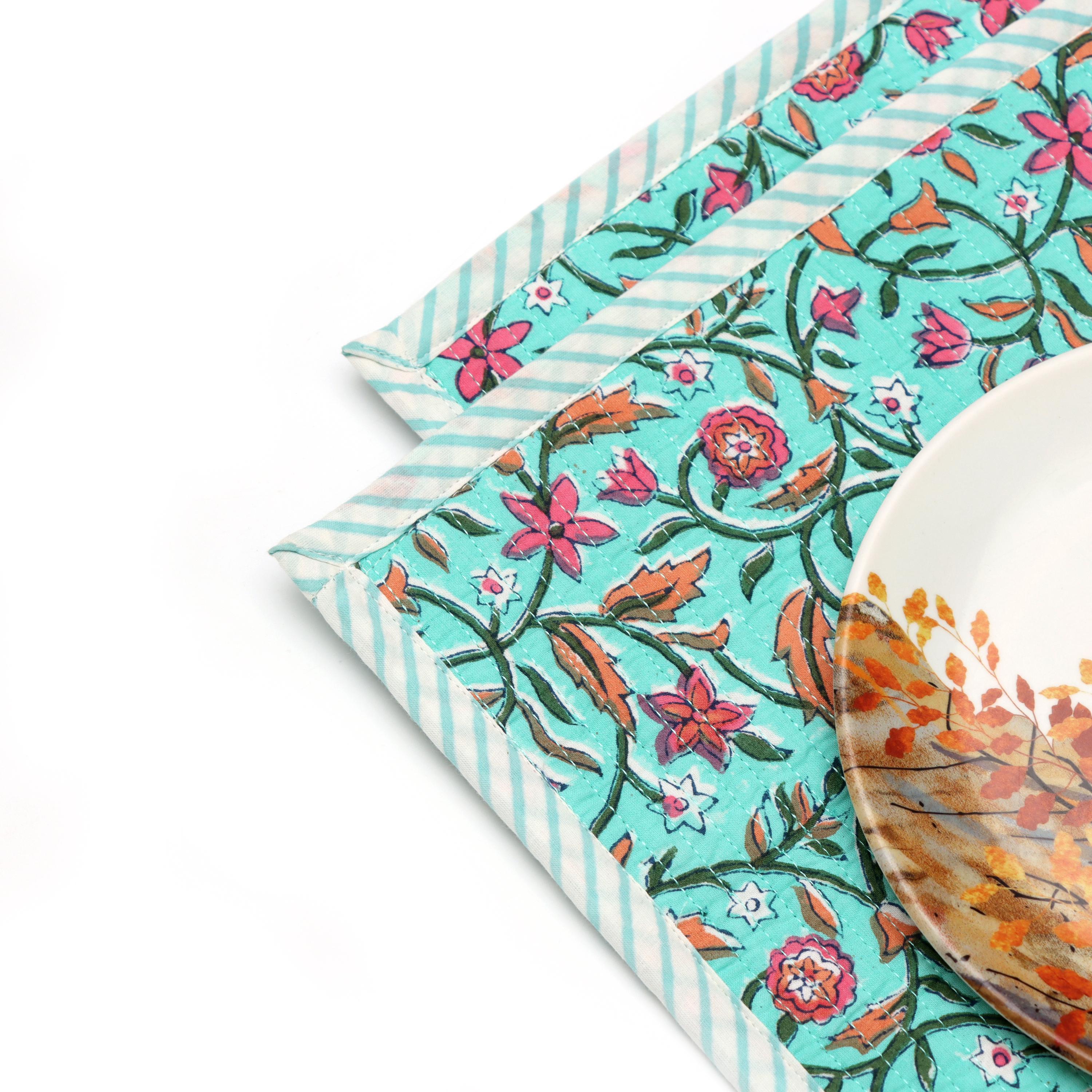 Teal Block Print Table Mat, Indian Style Table Linen, Handmade Floral Cotton Placemat, Indian Style Table Linen, colorful table mat, Gifts