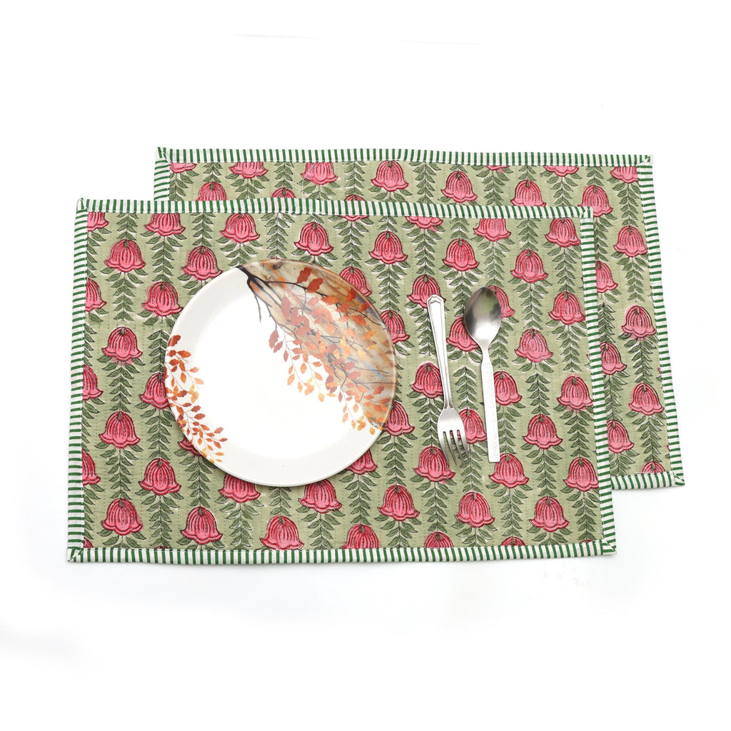 Green & Pink Rose Block Print Table Mats, Handmade Floral Cotton Placemats, Table Decor Placemat, Indian Style Table Linen, Cotton Placemat