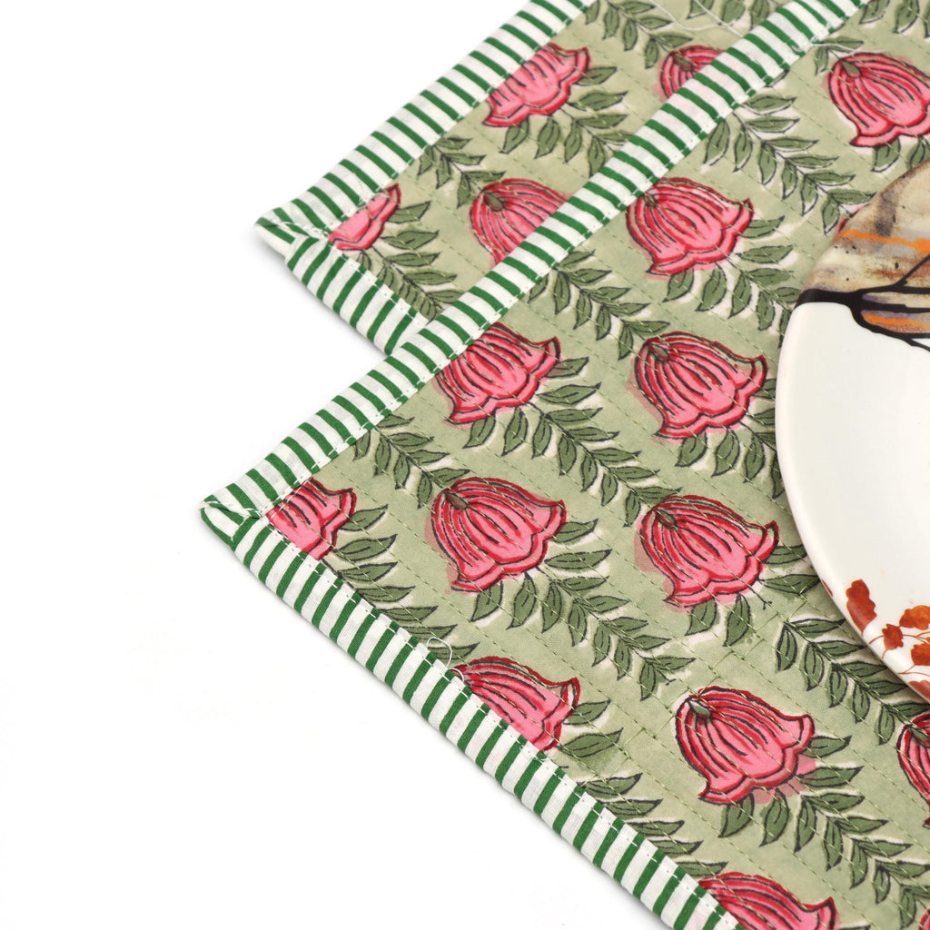 Green & Pink Rose Block Print Table Mats, Handmade Floral Cotton Placemats, Table Decor Placemat, Indian Style Table Linen, Cotton Placemat