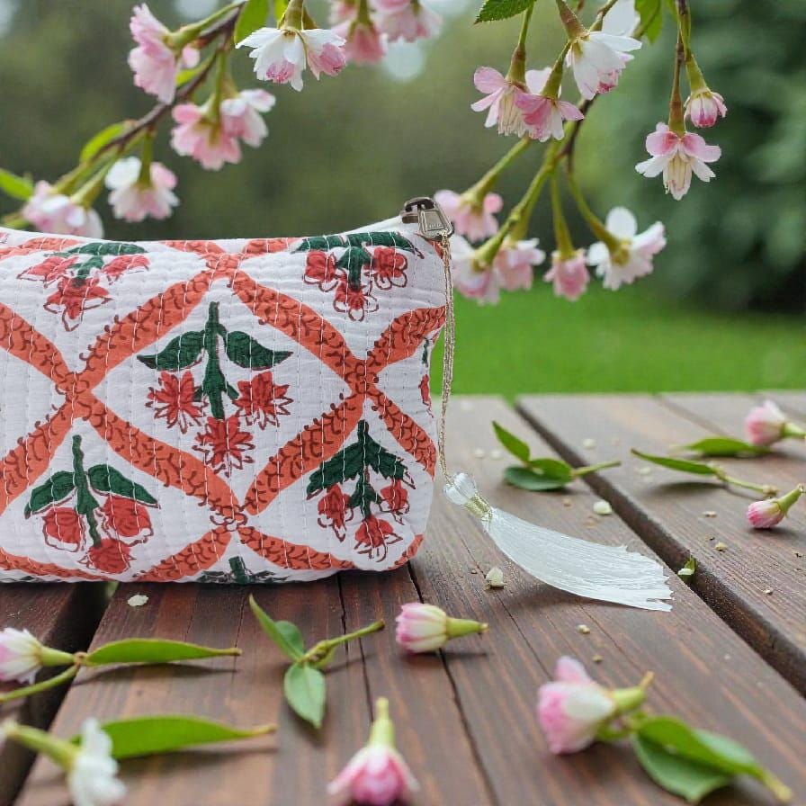 Vintage Indian Toiletry Bag, Personalized Block Print Makeup Bag, Cosmetic Bag for Women, Gifts for Mom, Quilted Cotton Travel Pouch Set