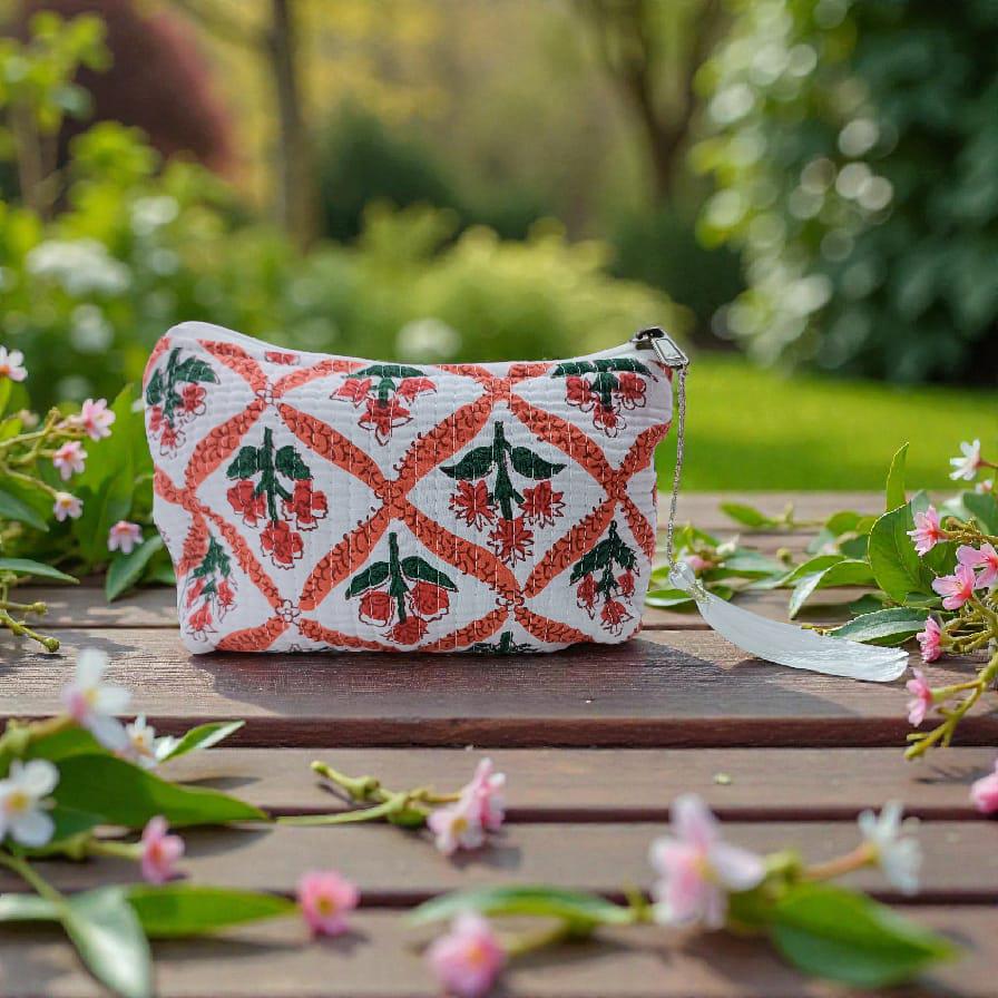 Vintage Indian Toiletry Bag, Personalized Block Print Makeup Bag, Cosmetic Bag for Women, Gifts for Mom, Quilted Cotton Travel Pouch Set