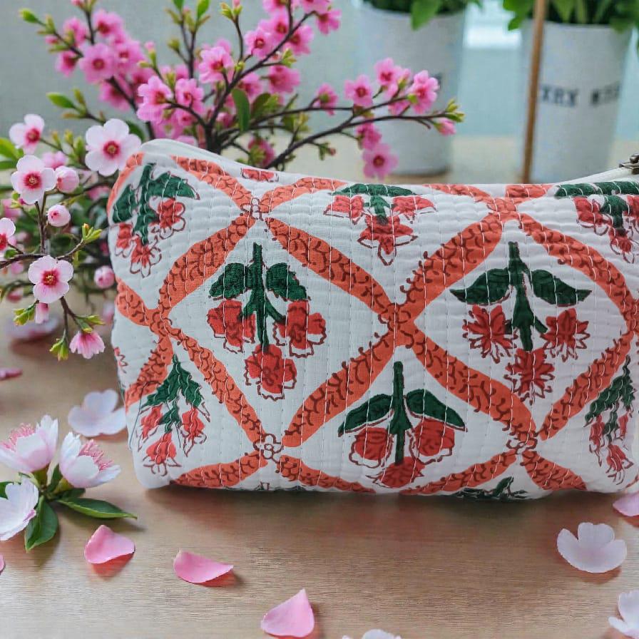 Vintage Indian Toiletry Bag, Personalized Block Print Makeup Bag, Cosmetic Bag for Women, Gifts for Mom, Quilted Cotton Travel Pouch Set