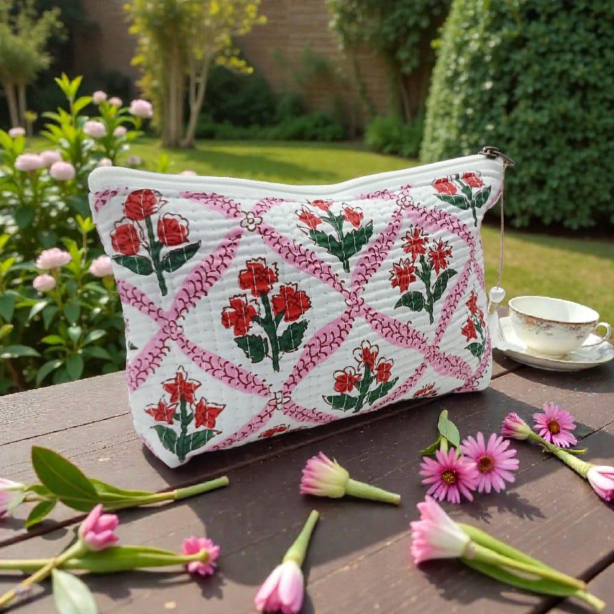 Pink Floral Quilted Pouch | Block Print Cosmetic Bag | Tassel Zipper Travel Pouch | Waterproof Bags | Pouch | Handmade Pouch