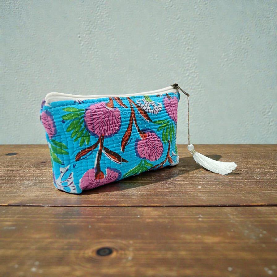 Vibrant Blue Kantha Makeup Bag | Quilted Floral Pouch | Zipper Cosmetic Bag with Tassel | Travel Organizer | Gift for Her | Indian Bags