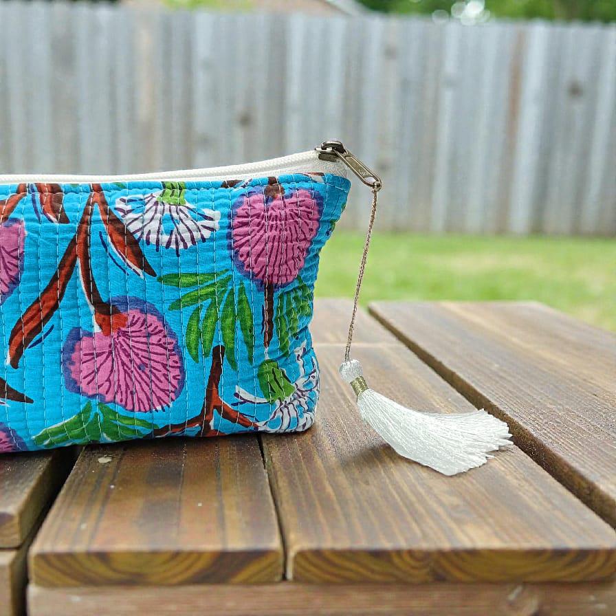 Vibrant Blue Kantha Makeup Bag | Quilted Floral Pouch | Zipper Cosmetic Bag with Tassel | Travel Organizer | Gift for Her | Indian Bags