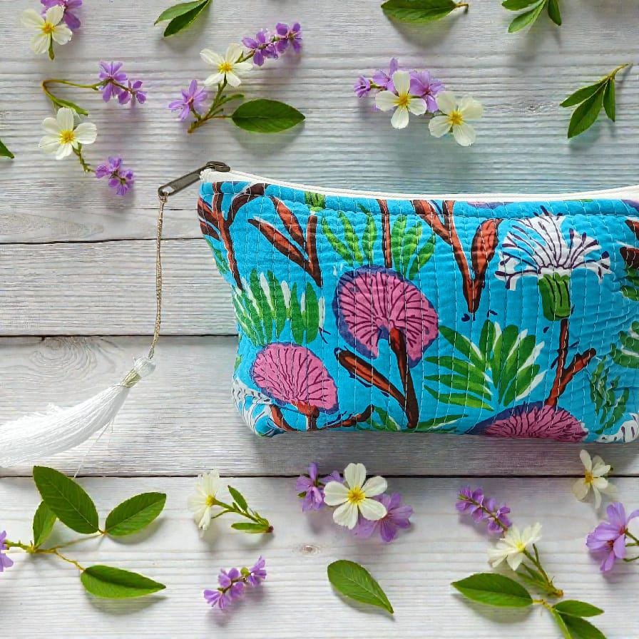 Vibrant Blue Kantha Makeup Bag | Quilted Floral Pouch | Zipper Cosmetic Bag with Tassel | Travel Organizer | Gift for Her | Indian Bags