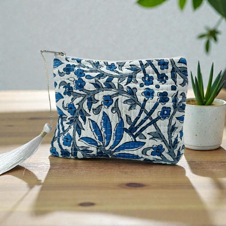 Mini Boxy Pouch with Blue Floral Embroidery Quilted Zipper Bag, Small Cosmetic Clutch, Handmade Fabric Purse, Travel Accessory, Gift for Her