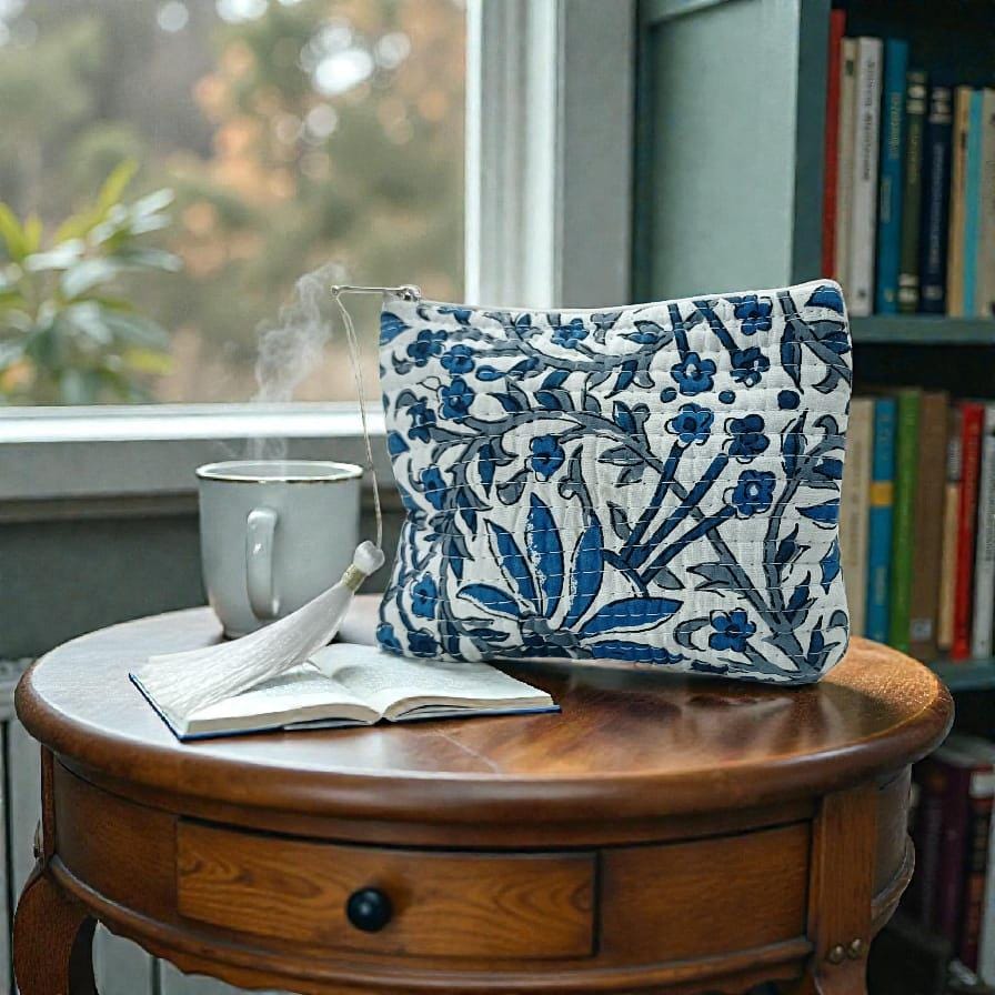 Mini Boxy Pouch with Blue Floral Embroidery Quilted Zipper Bag, Small Cosmetic Clutch, Handmade Fabric Purse, Travel Accessory, Gift for Her