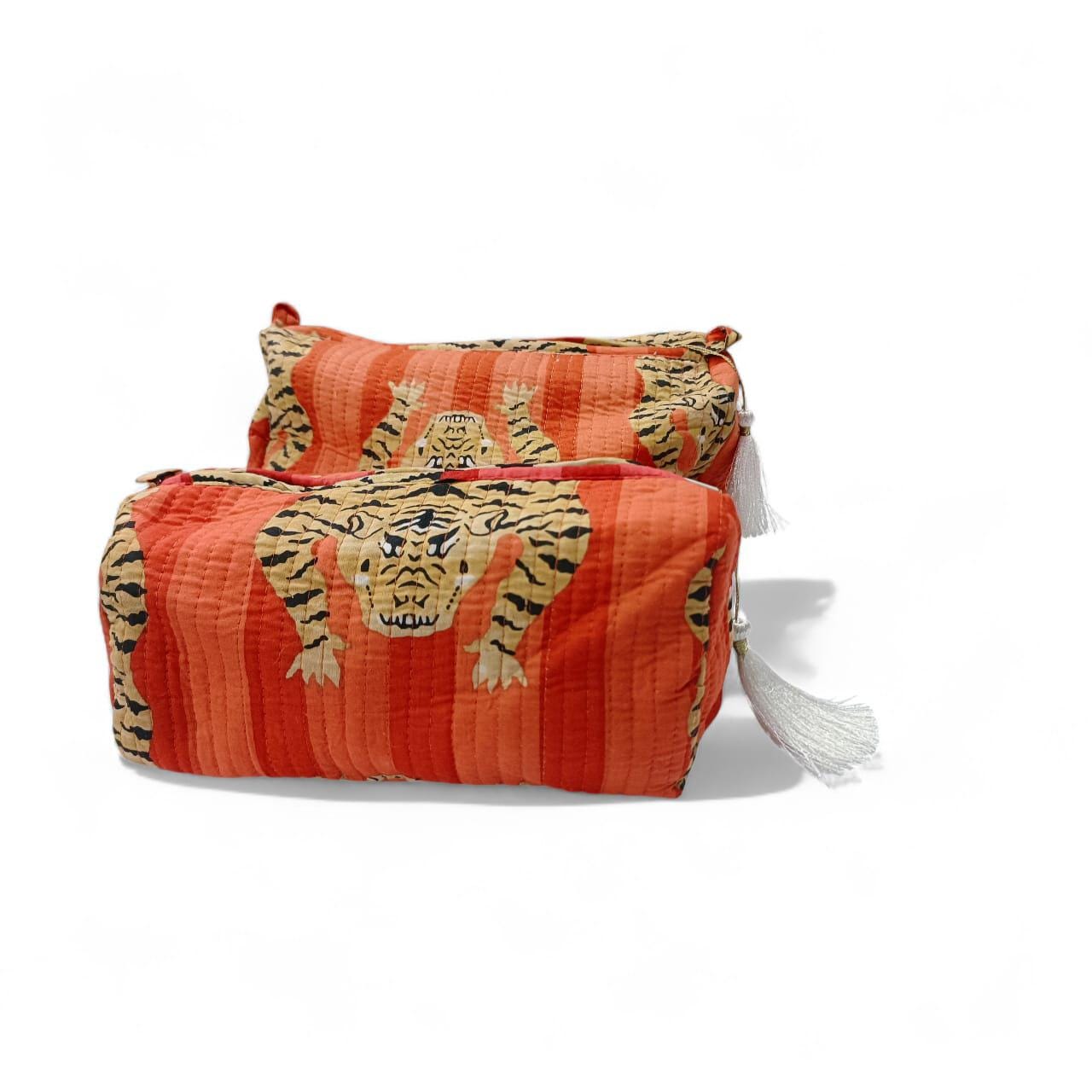 Set of 3 Quilted Toiletry Bags | Big, Medium, Small, Toiletry Bag | Women Wash Bag | Tiger Print Travel Pouch | Hand Block Print Pouch, Gift