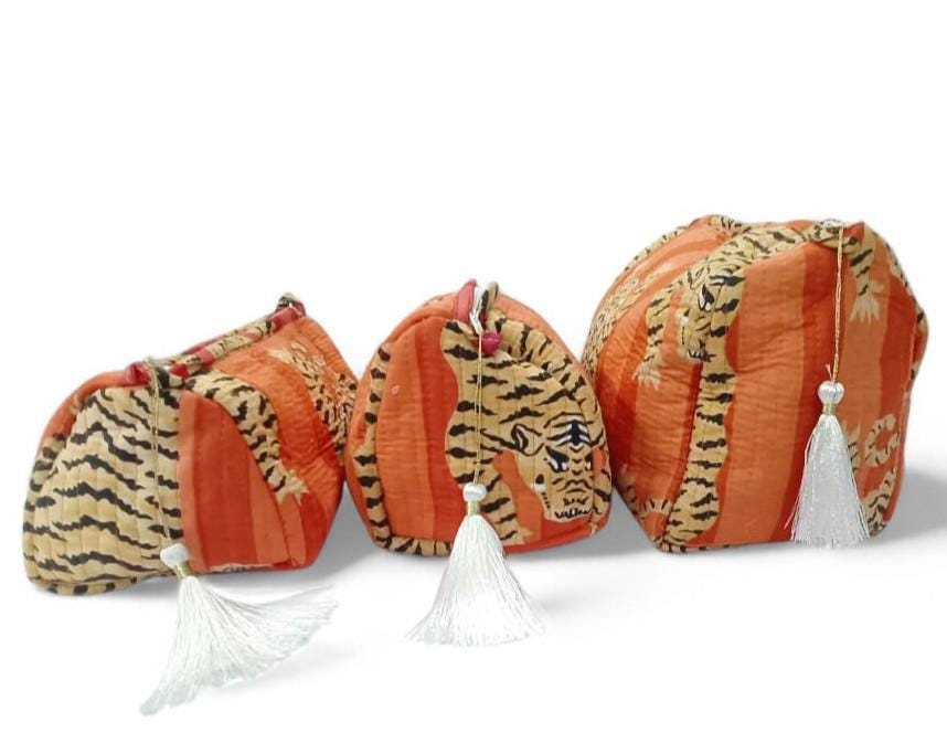 Set of 3 Quilted Toiletry Bags | Big, Medium, Small, Toiletry Bag | Women Wash Bag | Tiger Print Travel Pouch | Hand Block Print Pouch, Gift