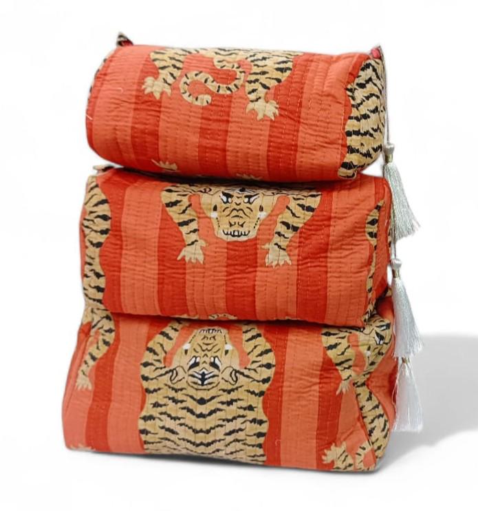 Set of 3 Quilted Toiletry Bags | Big, Medium, Small, Toiletry Bag | Women Wash Bag | Tiger Print Travel Pouch | Hand Block Print Pouch, Gift