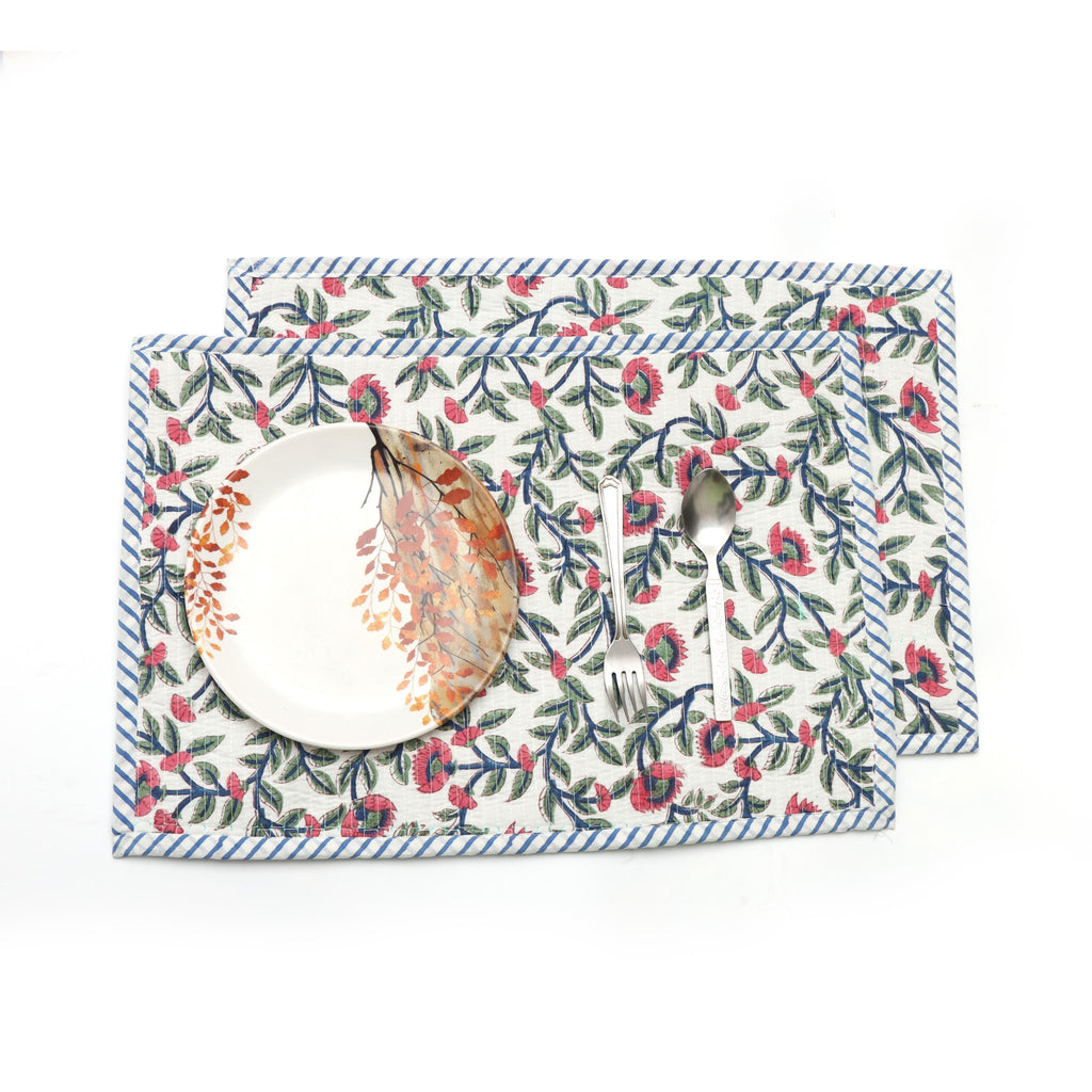 Floral Block Print Placemats Set, Hand Block Printed Cotton Table Mats, Blue Stripe Border, Pink Botanical Dining Decor, Handmade Placement
