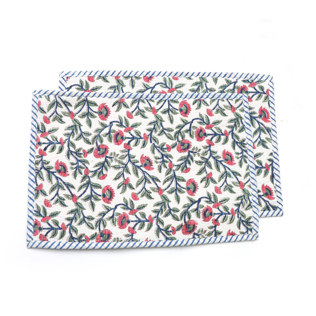 Floral Block Print Placemats Set, Hand Block Printed Cotton Table Mats, Blue Stripe Border, Pink Botanical Dining Decor, Handmade Placement