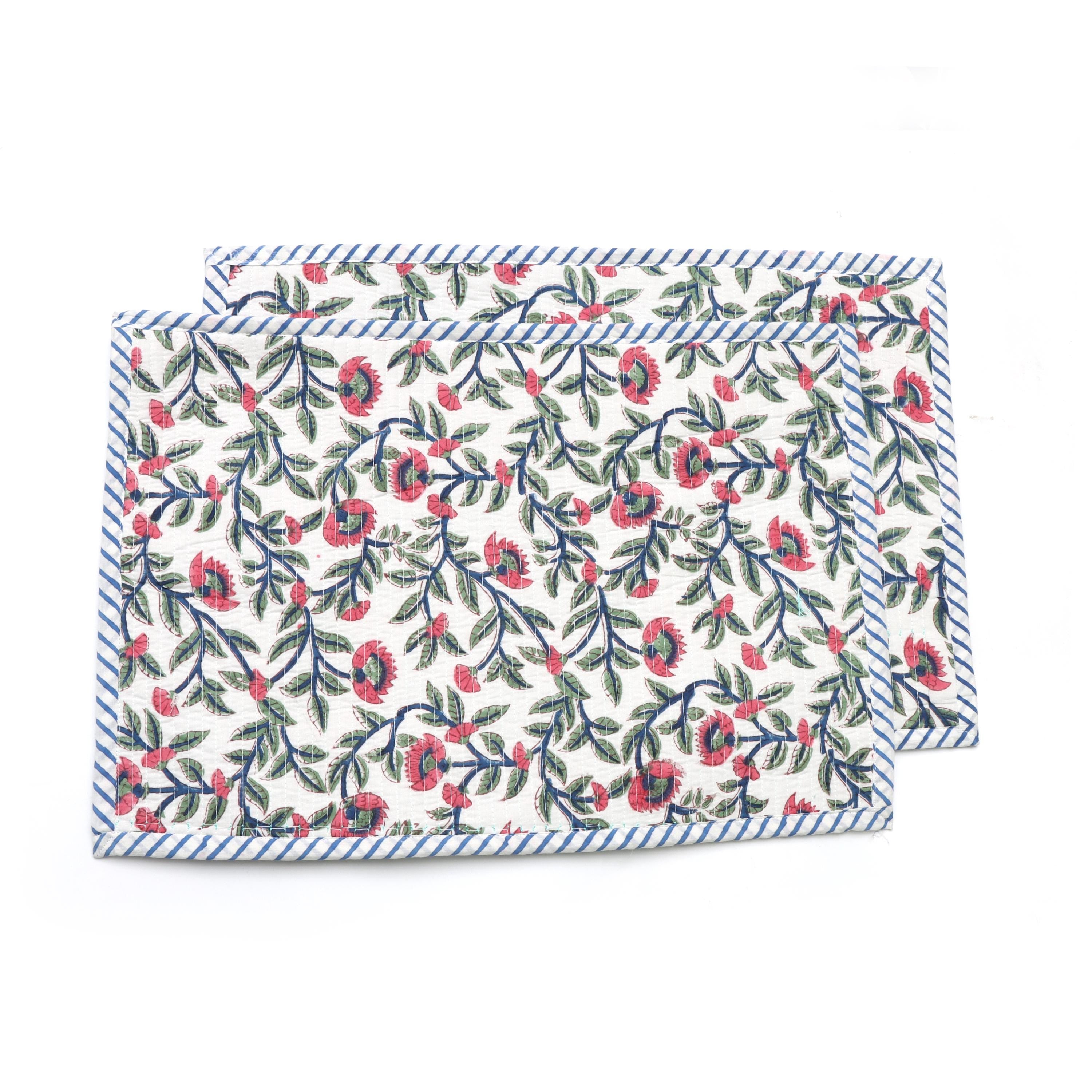 Floral Block Print Placemats Set, Hand Block Printed Cotton Table Mats, Blue Stripe Border, Pink Botanical Dining Decor, Handmade Placement