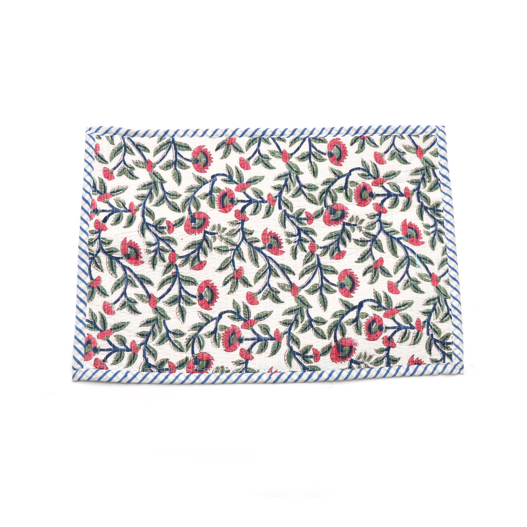 Floral Block Print Placemats Set, Hand Block Printed Cotton Table Mats, Blue Stripe Border, Pink Botanical Dining Decor, Handmade Placement