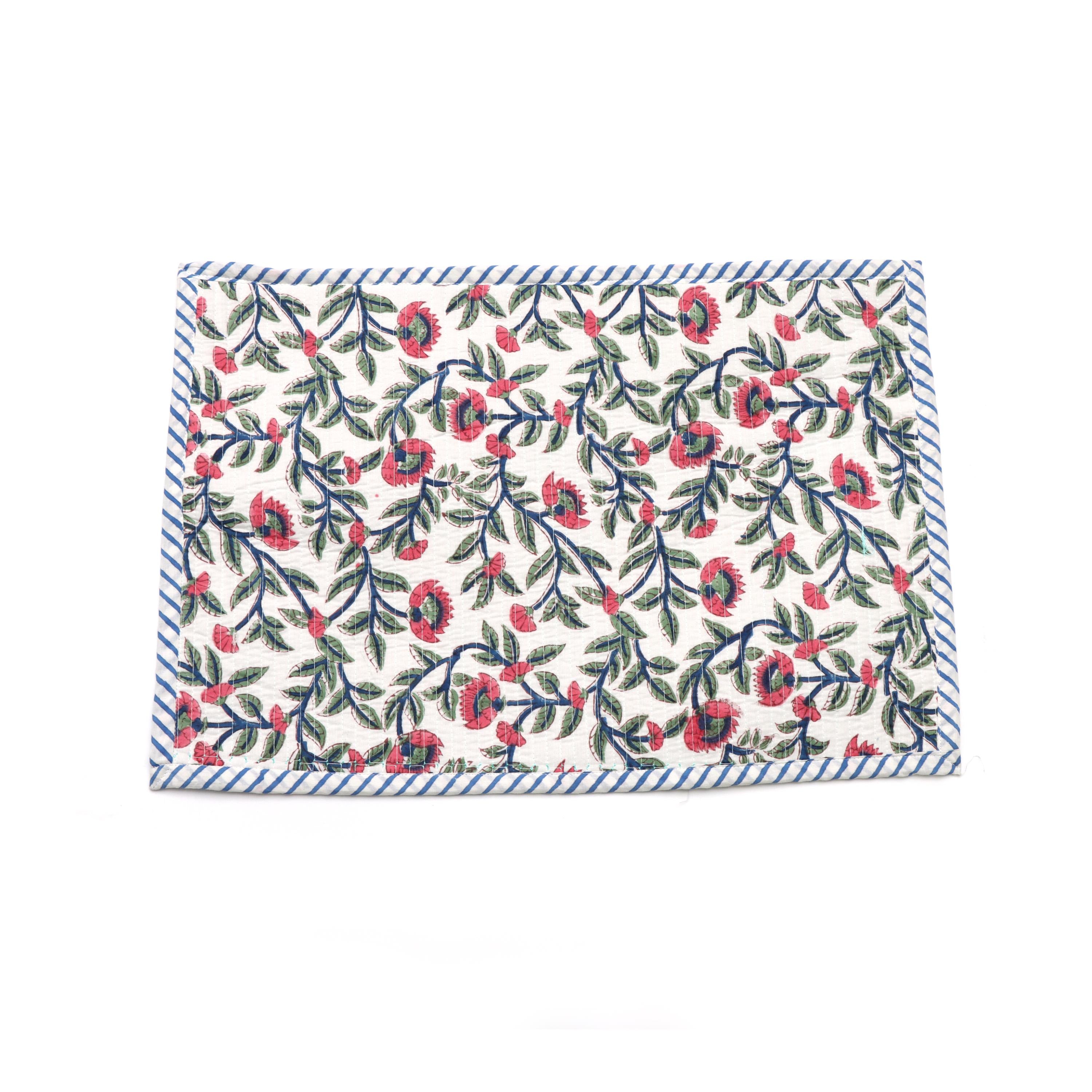 Floral Block Print Placemats Set, Hand Block Printed Cotton Table Mats, Blue Stripe Border, Pink Botanical Dining Decor, Handmade Placement