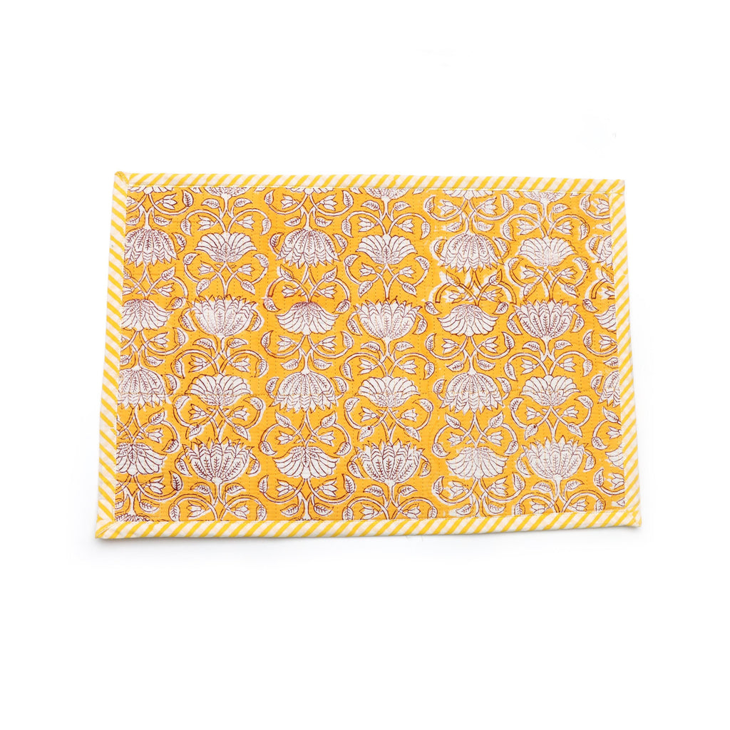 Yellow Floral Block Print Placemats Set, Hand Block Printed Cotton Table Mats, Mustard Yellow Dining Table Decor Placemat,Handmade Placement