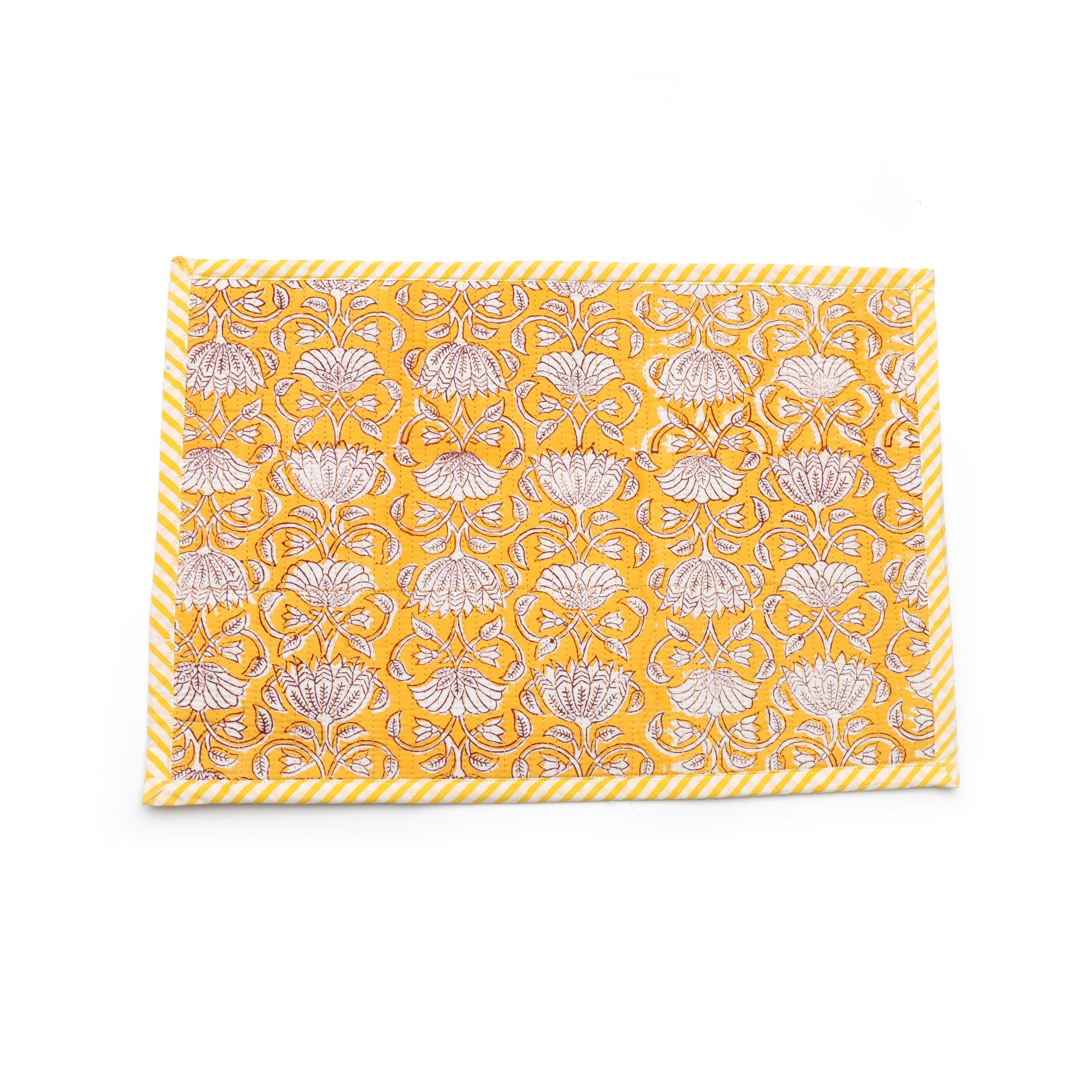 Yellow Floral Block Print Placemats Set, Hand Block Printed Cotton Table Mats, Mustard Yellow Dining Table Decor Placemat,Handmade Placement