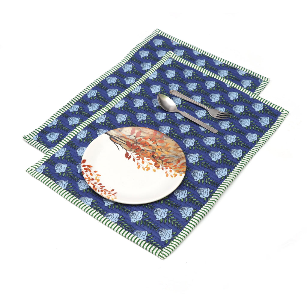 Blue Block Print Placemats Set, Cotton Floral Table Mats with Green Stripe Border, Christmas Gifts