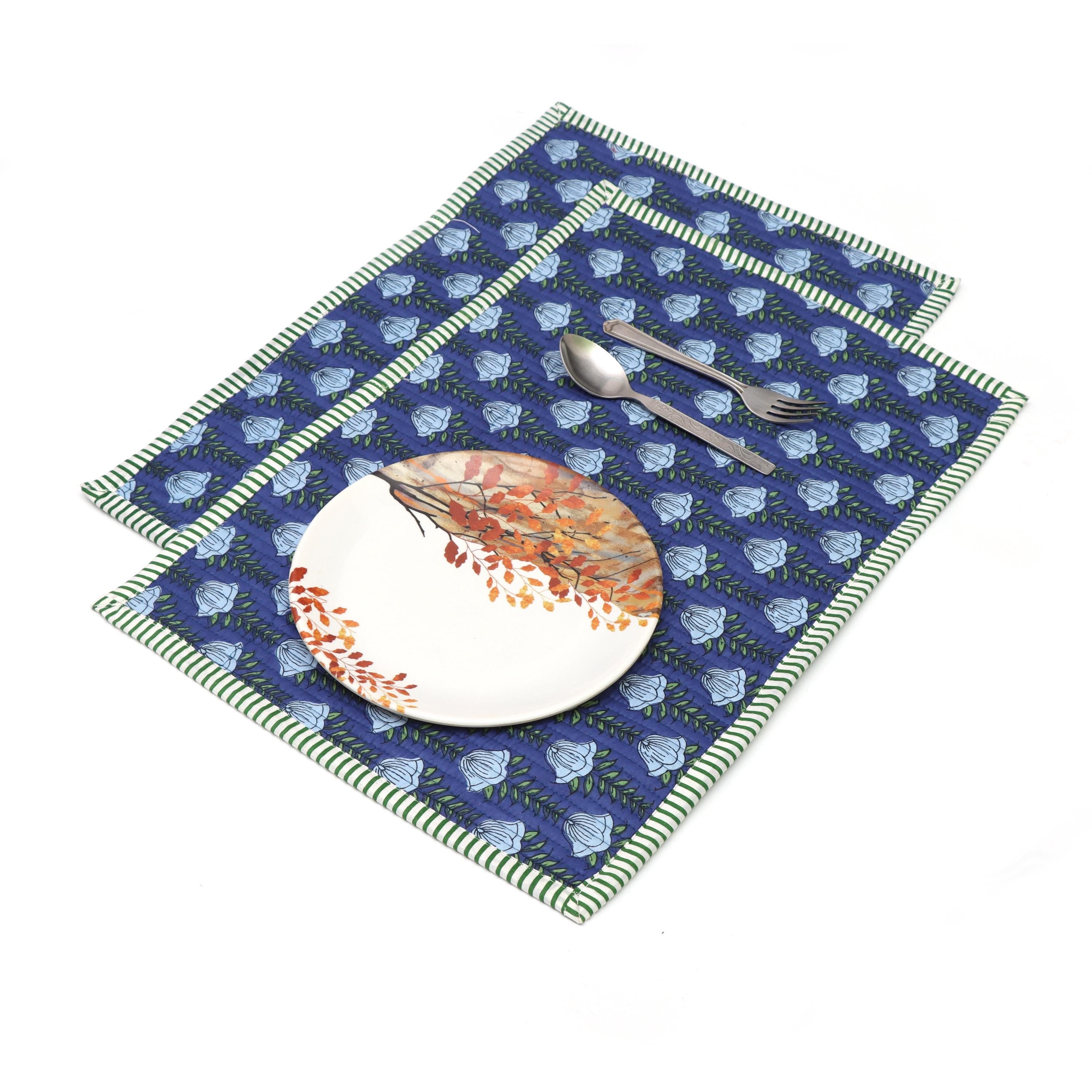 Blue Block Print Placemats Set, Cotton Floral Table Mats with Green Stripe Border, Christmas Gifts