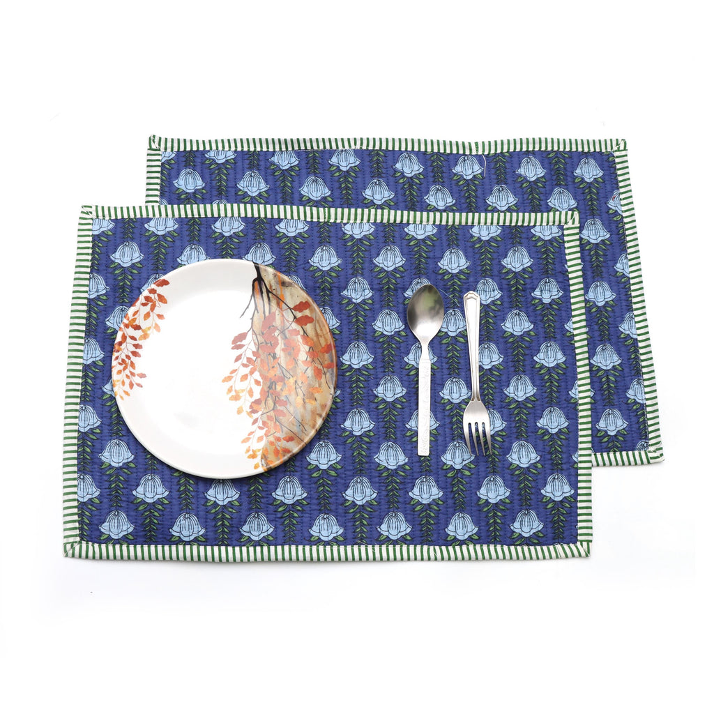 Blue Block Print Placemats Set, Cotton Floral Table Mats with Green Stripe Border, Christmas Gifts