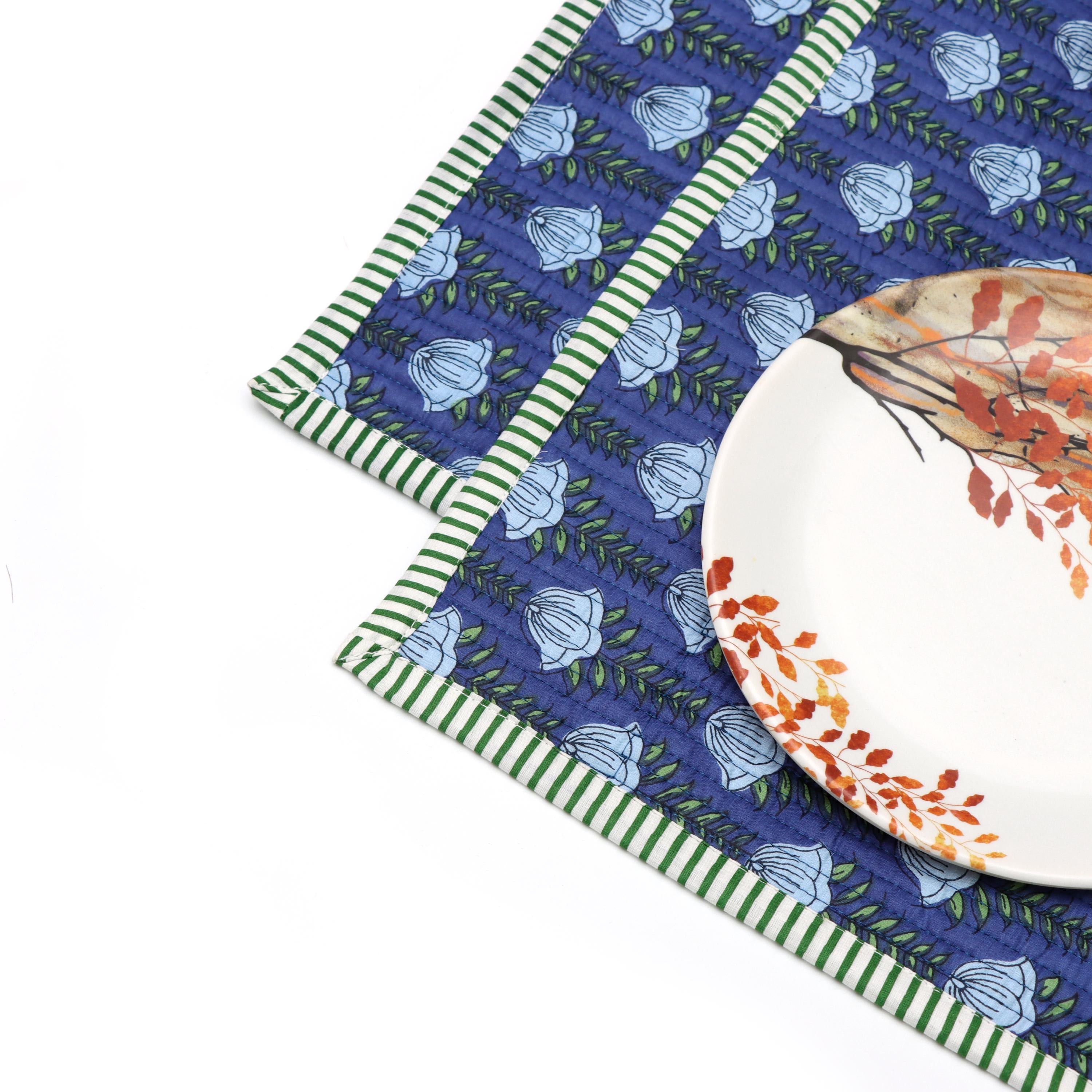 Blue Block Print Placemats Set, Cotton Floral Table Mats with Green Stripe Border, Christmas Gifts
