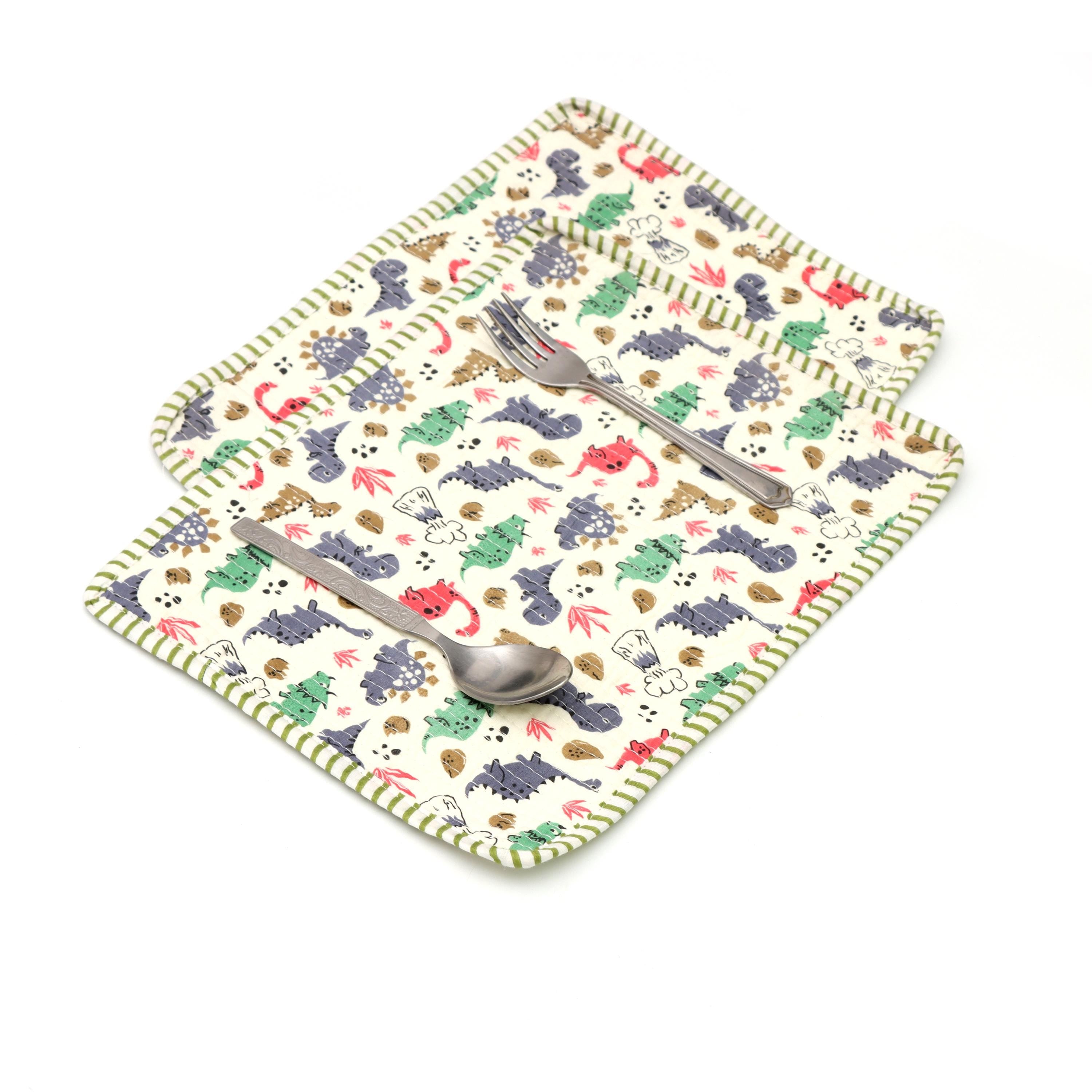 Dinosaur Quilted Placemats Set, Kids Cotton Table Mats, Cute Dino Dining Decor, Indian Elephant Print Mini Placement, Personalised Gifts
