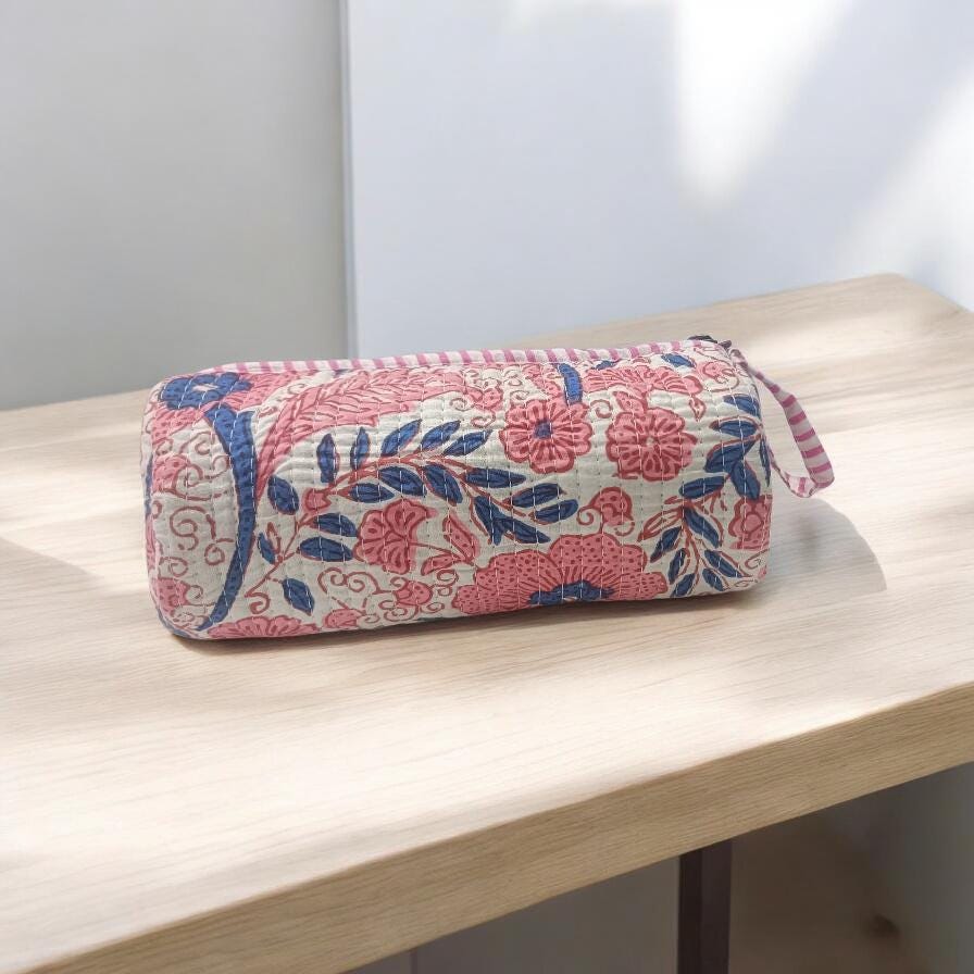 Quilted Floral Makeup Bag, Handmade Cotton Zip Pouch, Block Print Cosmetic Bag, Toiletry Pouch, Travel Makeup Organizer, Christmas Gifts