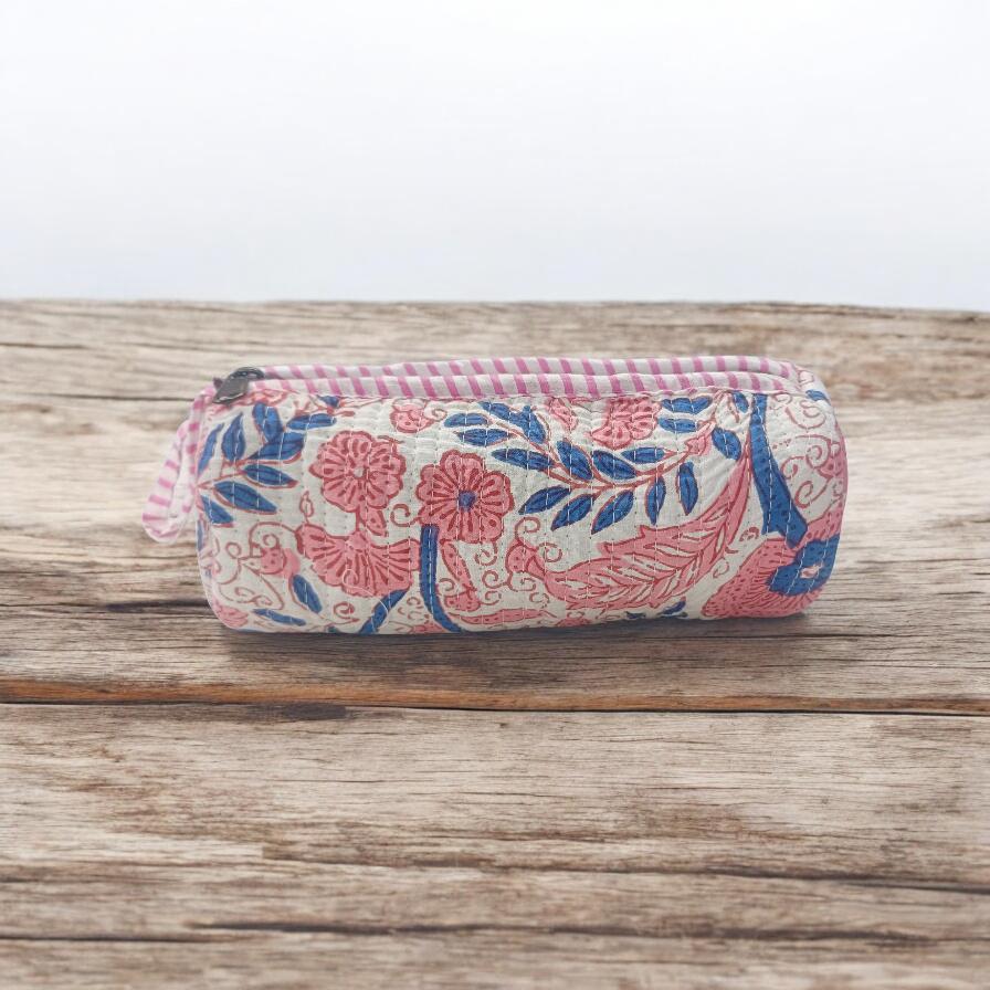 Quilted Floral Makeup Bag, Handmade Cotton Zip Pouch, Block Print Cosmetic Bag, Toiletry Pouch, Travel Makeup Organizer, Christmas Gifts
