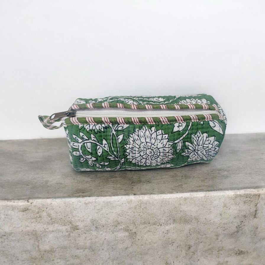 Green Floral Quilted Makeup Bag | Handmade Cotton Zipper Pouch | Block Print Cosmetic Bag | Travel Toiletry Organizer | Gift for Her