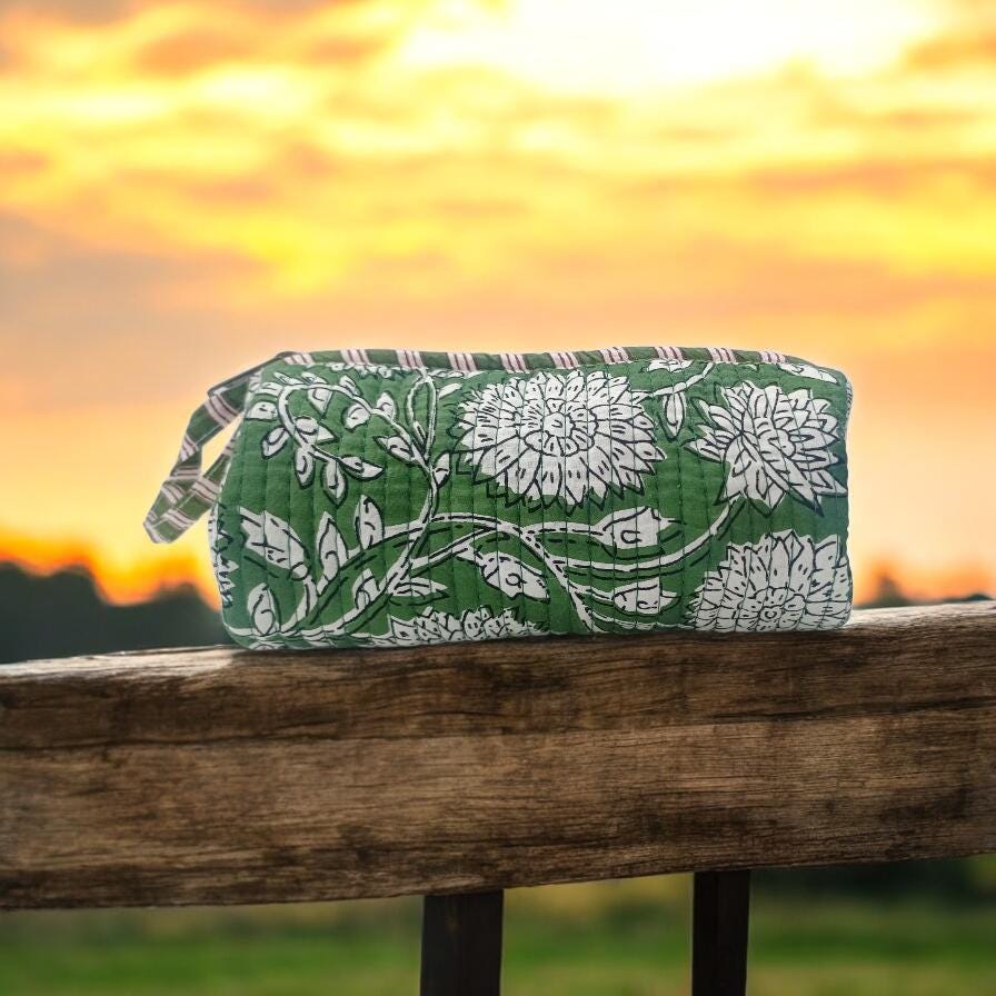 Green Floral Quilted Makeup Bag | Handmade Cotton Zipper Pouch | Block Print Cosmetic Bag | Travel Toiletry Organizer | Gift for Her