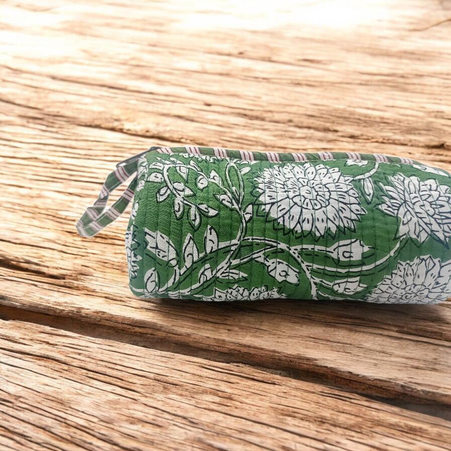 Green Floral Quilted Makeup Bag | Handmade Cotton Zipper Pouch | Block Print Cosmetic Bag | Travel Toiletry Organizer | Gift for Her