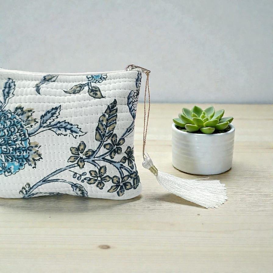 Handmade Mini Quilted Pouch | Blue Floral Block Print | Small Zipper Bag with Tassel | Personalized Fabric Pouch | Block Print Accessory Bag