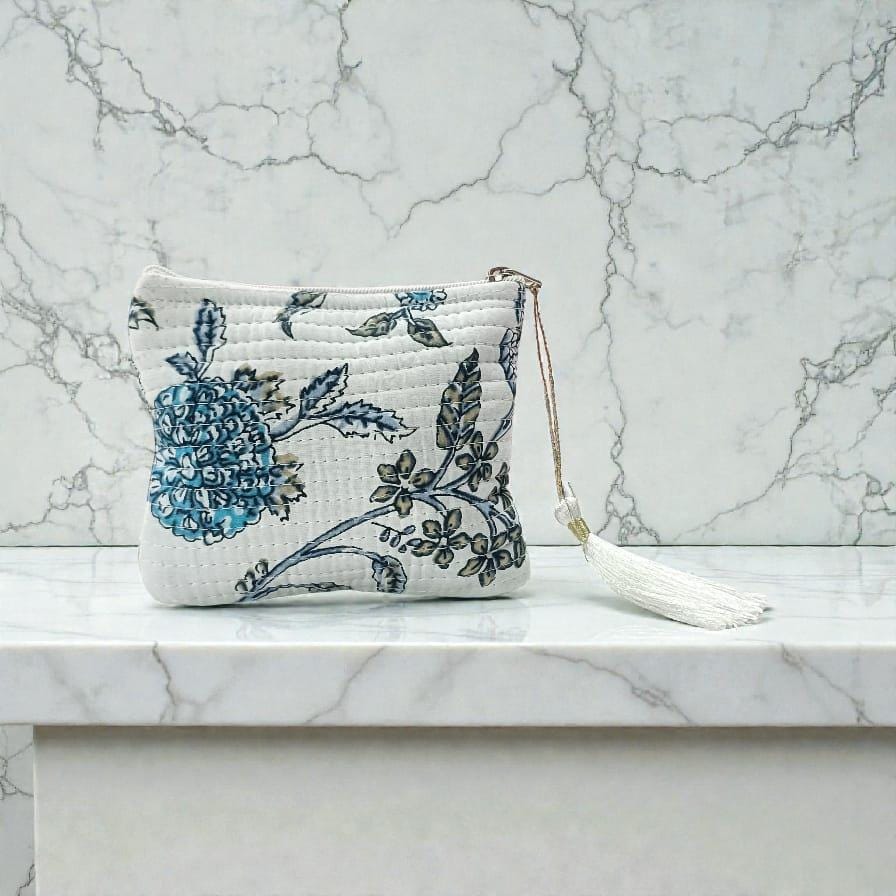 Handmade Mini Quilted Pouch | Blue Floral Block Print | Small Zipper Bag with Tassel | Personalized Fabric Pouch | Block Print Accessory Bag