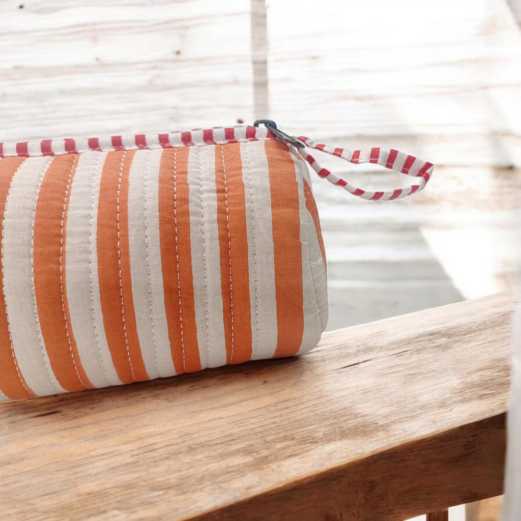 Orange Striped Quilted Makeup Pouch, Handmade Cotton Zip Bag, Small Travel Cosmetic Case with Wrist Loop, Boho Toiletry Pouch