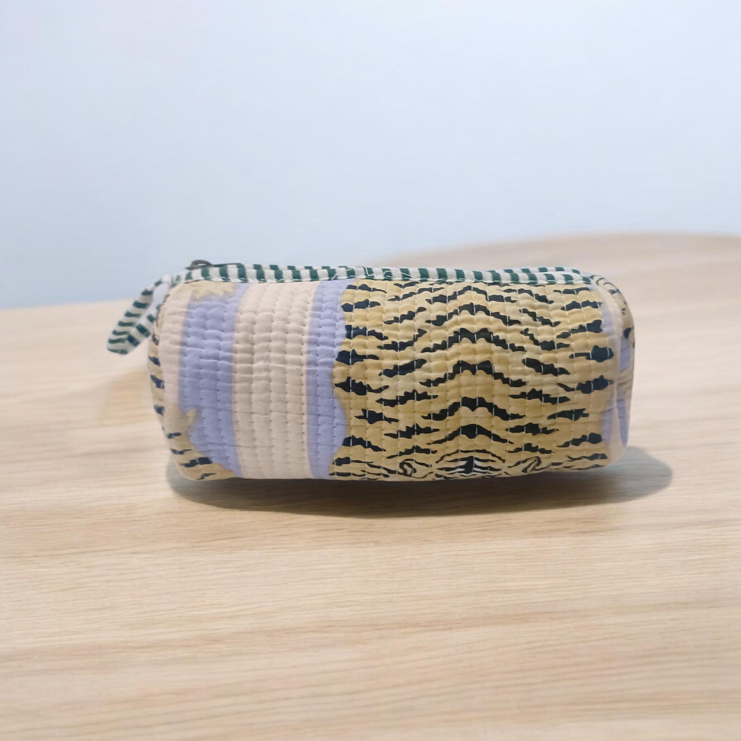 Quilted Patchwork Fabric Pouch, Striped & Tiger Print Zipper Case, Quilted Floral Bag, Handmade Cotton Zip Pouch, Toiletry Pouch, Gifts Her