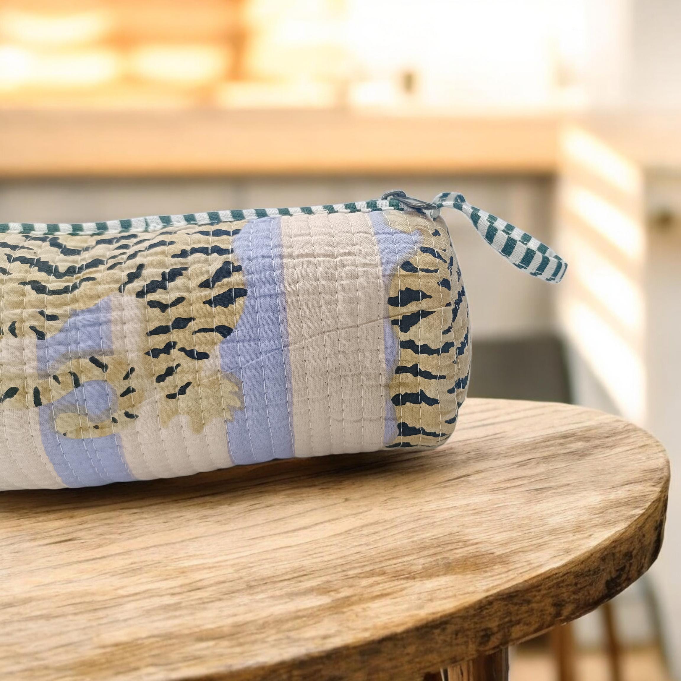 Quilted Patchwork Fabric Pouch, Striped & Tiger Print Zipper Case, Quilted Floral Bag, Handmade Cotton Zip Pouch, Toiletry Pouch, Gifts Her