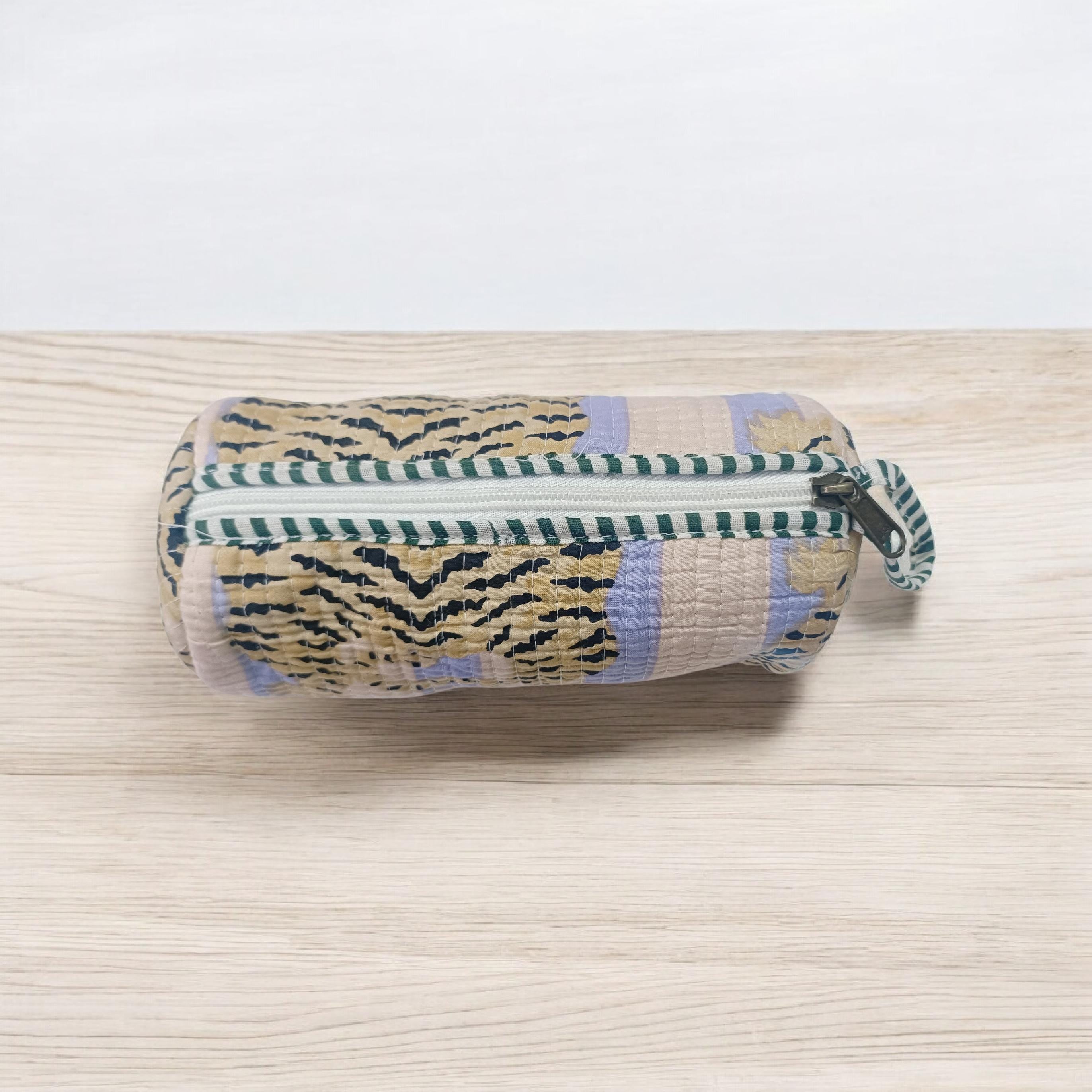 Quilted Patchwork Fabric Pouch, Striped & Tiger Print Zipper Case, Quilted Floral Bag, Handmade Cotton Zip Pouch, Toiletry Pouch, Gifts Her