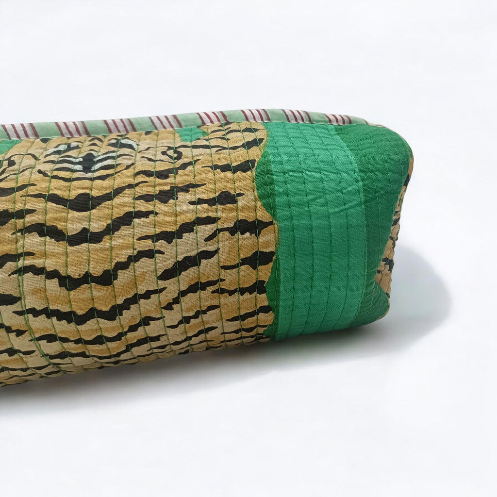 Handmade Quilted Tiger Print Cosmetic Pouch | Green Fabric Zipper Makeup & Toiletry Bag | Quilted Pouch | Green Cosmetic Bag | Gift For Her